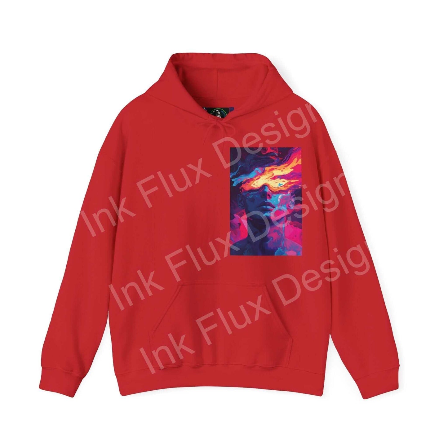 Red Dreamscape IV hooded sweatshirt featuring a bold graphic design on the front, ideal for stylish warmth.