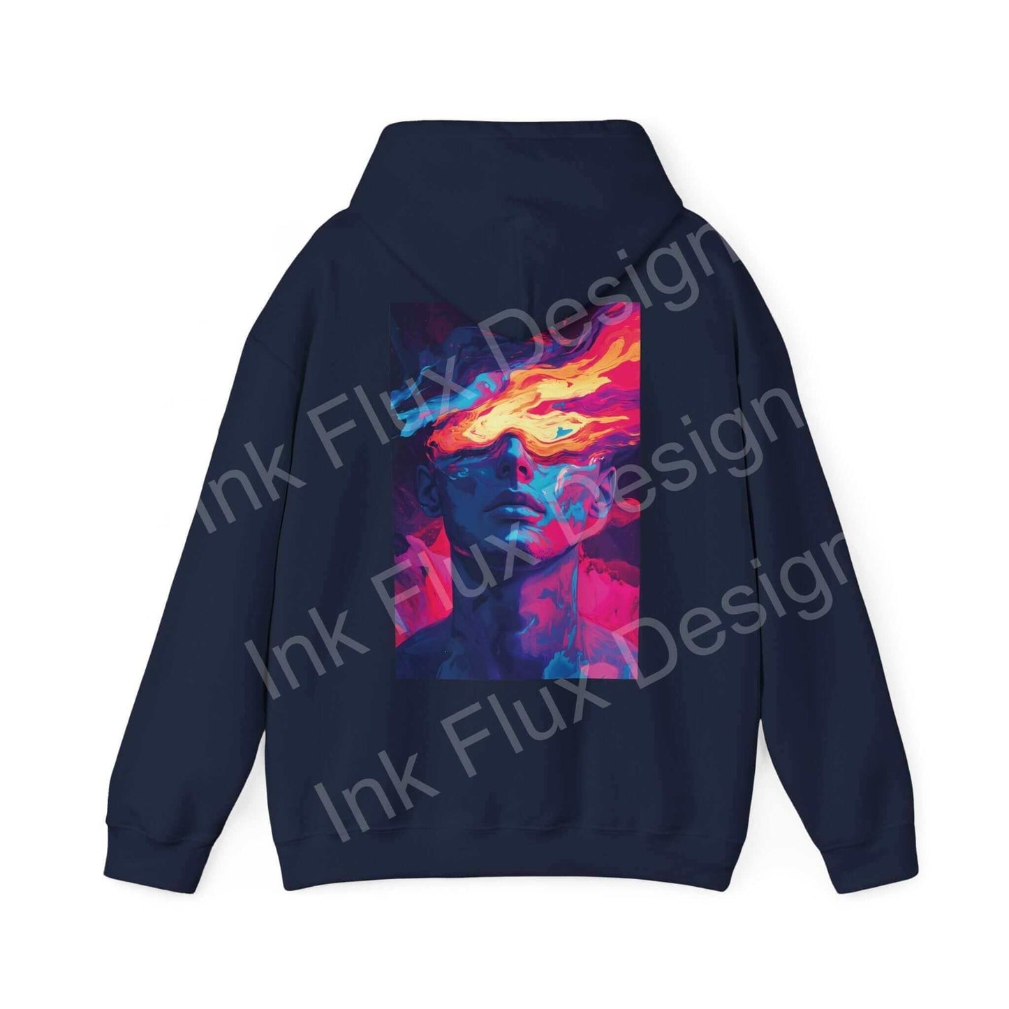 Navy blue Dreamscape IV hooded sweatshirt with a bold, colorful graphic design on the back, ideal for stylish, casual wear.