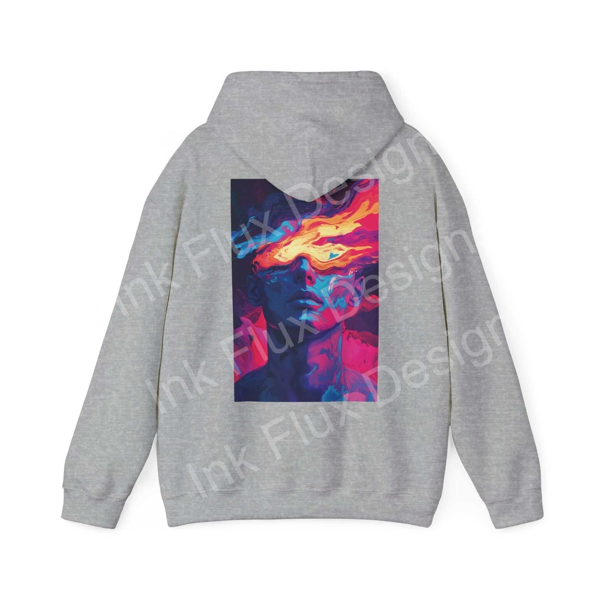 Back view of Dreamscape IV hooded sweatshirt featuring a bold graphic design in vibrant colors on a unisex gray hoodie.