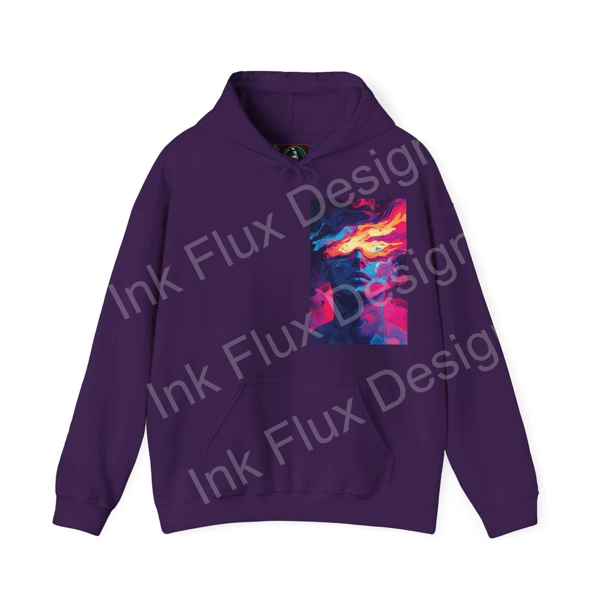 Unisex purple hooded sweatshirt with vibrant graphic design from Dreamscape IV collection, showcasing bold designs in a comfortable fit.