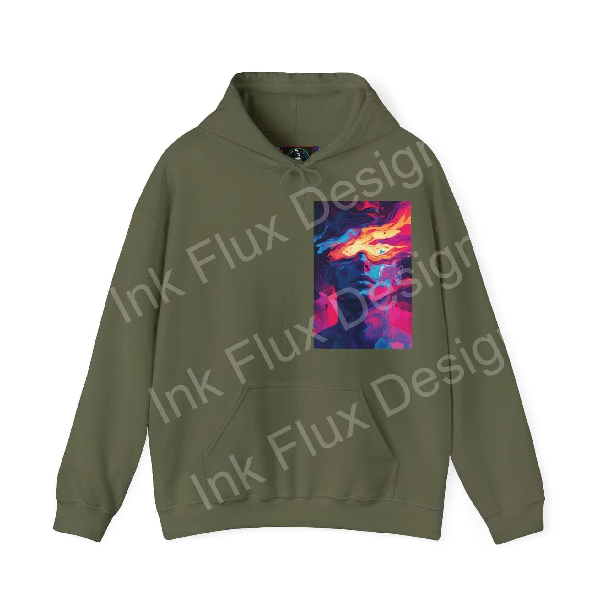 Olive green Dreamscape IV hooded sweatshirt featuring a bold graphic design in vibrant colors on the front panel, ideal for stylish comfort.