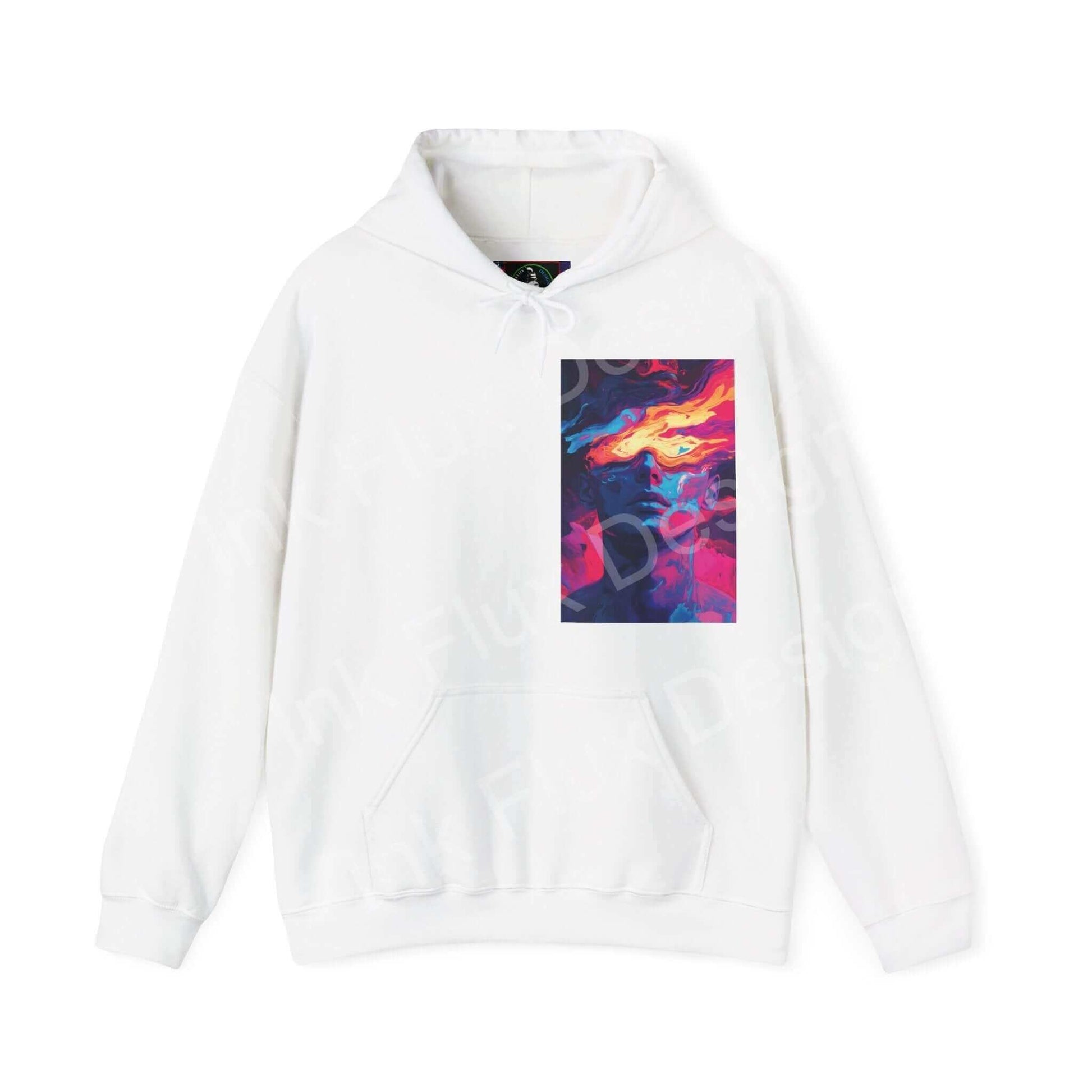 White Dreamscape IV hooded sweatshirt featuring a bold graphic design on the front, ideal for stylish comfort.