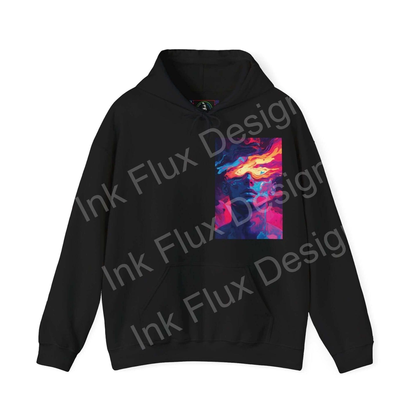 Unisex black hooded sweatshirt featuring bold Dreamscape IV graphic design, ideal for style and comfort.