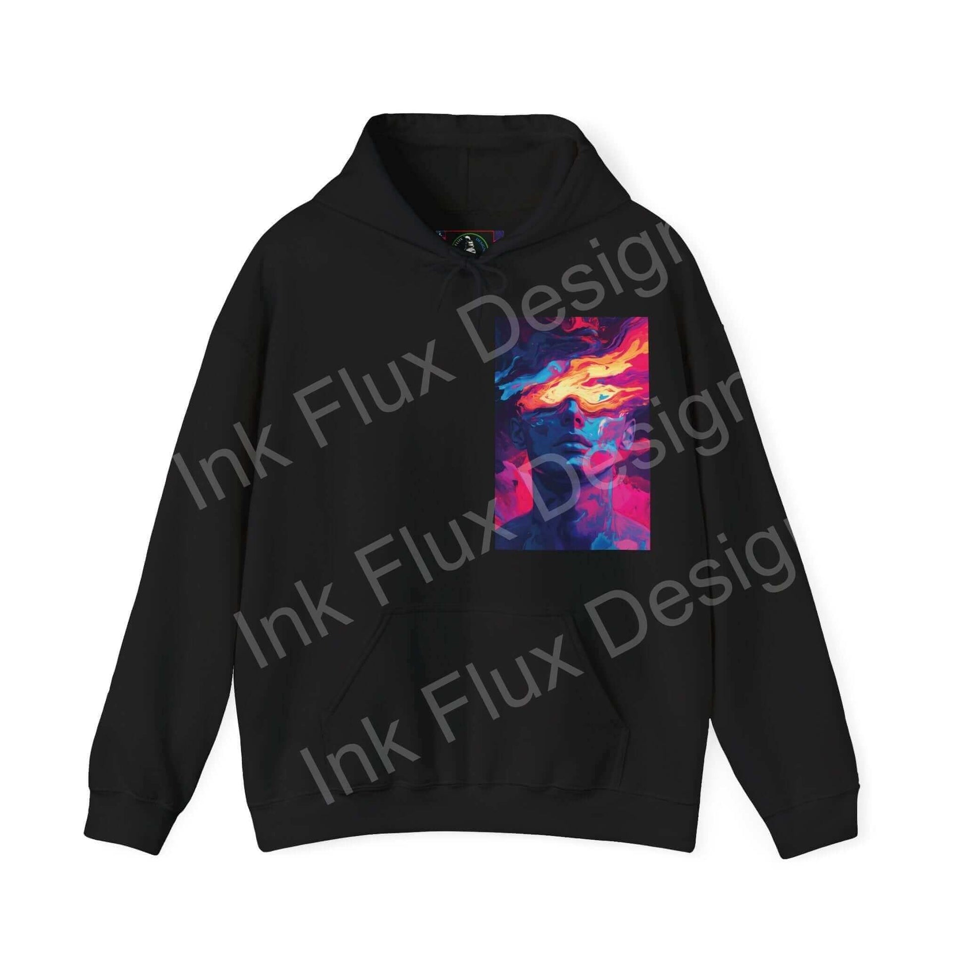 Unisex black hooded sweatshirt featuring bold Dreamscape IV graphic design, ideal for style and comfort.