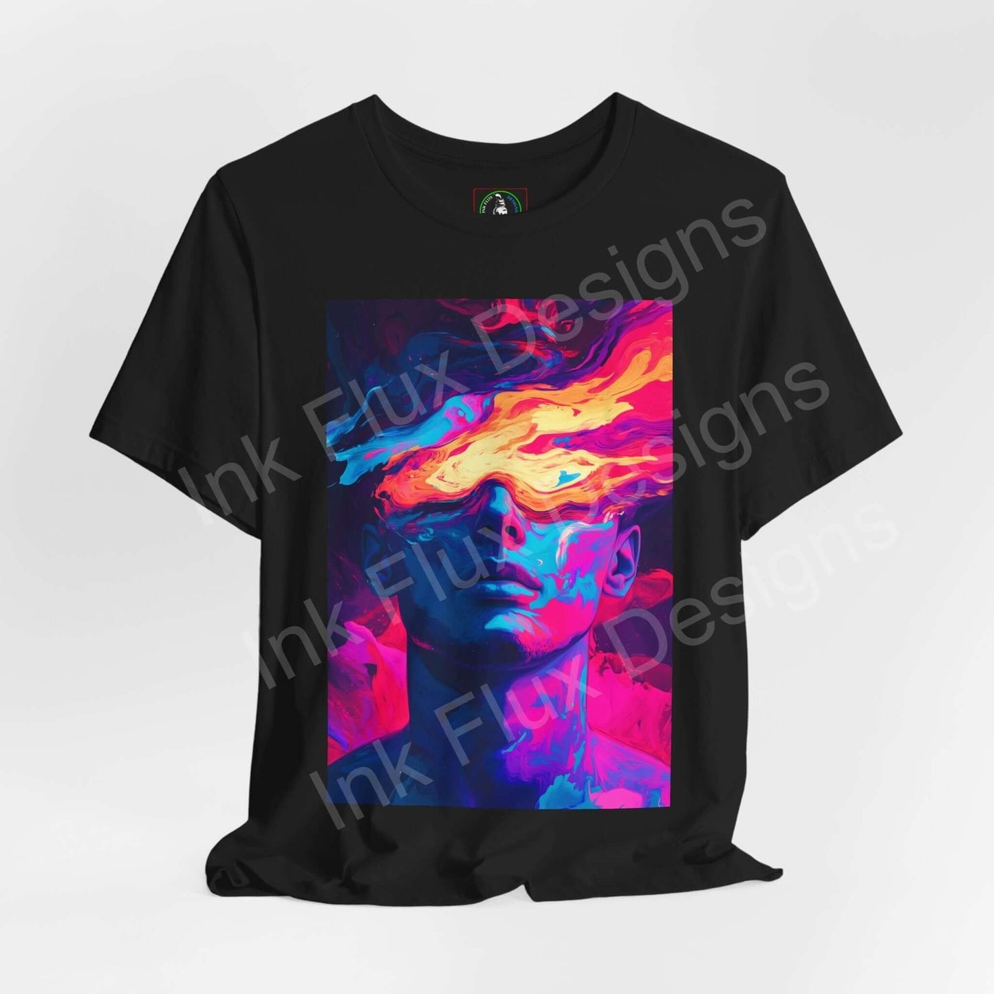 Black unisex T-shirt from Bella+Canvas featuring bold, psychedelic graphic of a face in vibrant red and blue tones, showcasing trippy, ethereal style.