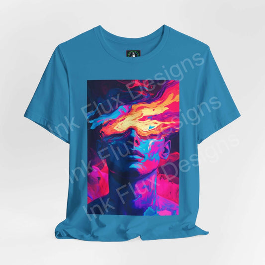 Dreamscape IV unisex teal T-shirt featuring bold psychedelic graphic of a vibrant, trippy face design, perfect for style and comfort.