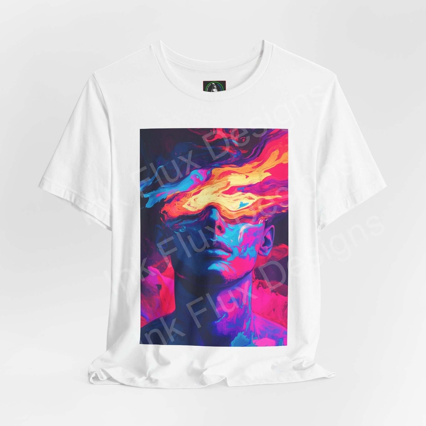 White unisex jersey T-shirt featuring a bold, psychedelic graphic of colorful, trippy faces, perfect for style and comfort.