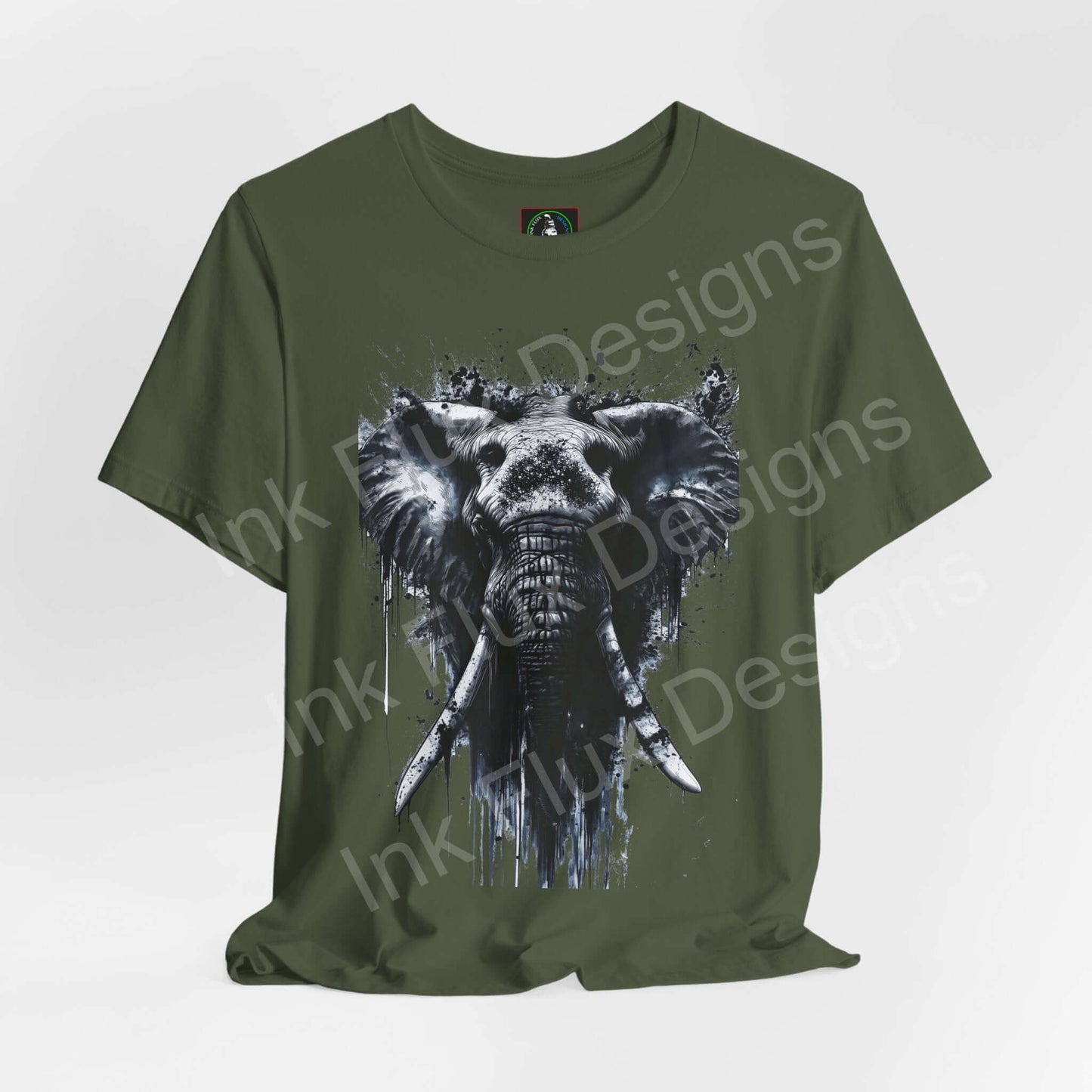 Elephant Spirit II graphic tee in green, featuring a detailed black and white elephant design, ideal for lovers of spirit animals and ethically made T-shirts.