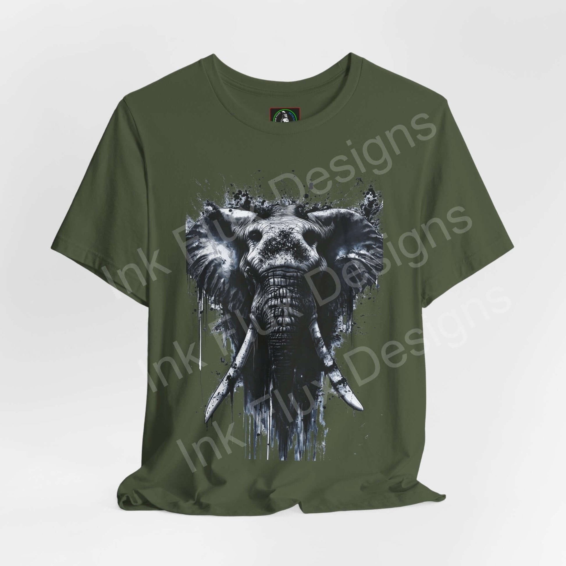 Elephant Spirit II graphic tee in green, featuring a detailed black and white elephant design, ideal for lovers of spirit animals and ethically made T-shirts.