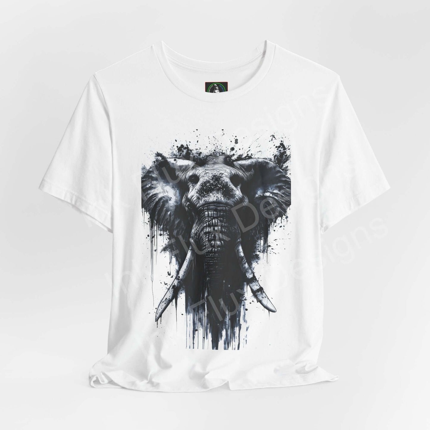 Unisex white jersey T-shirt featuring a striking black and white graphic of an elephant, titled 'Elephant Spirit II', ideal for lovers of spirit animals and graphic tees.