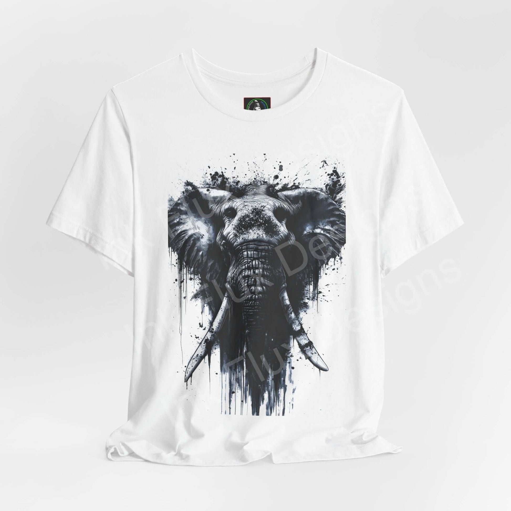 Unisex white jersey T-shirt featuring a striking black and white graphic of an elephant, titled 'Elephant Spirit II', ideal for lovers of spirit animals and graphic tees.