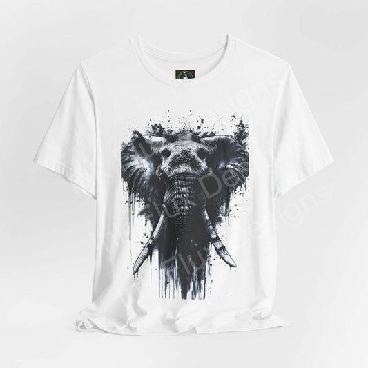 Unisex white jersey T-shirt featuring a striking black and white graphic of an elephant, titled 'Elephant Spirit II', ideal for lovers of spirit animals and graphic tees.