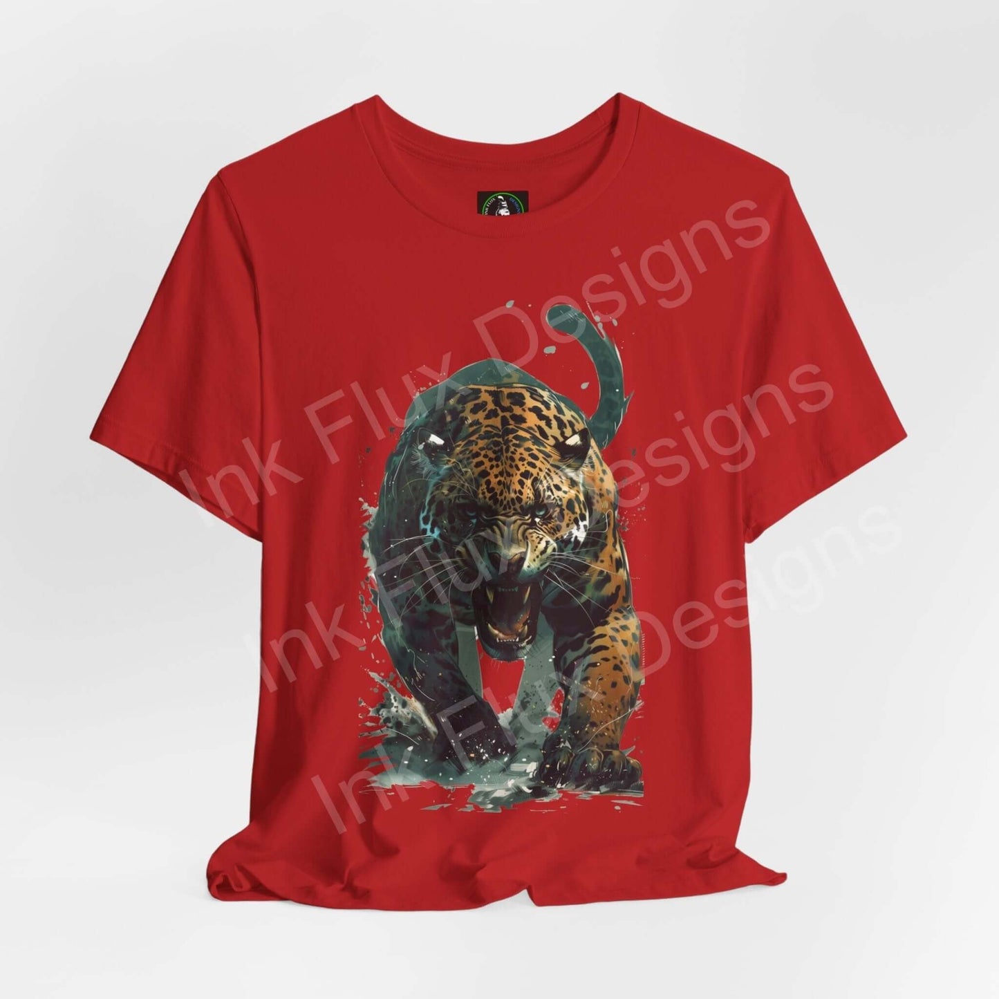 Red Enraged Jaguar graphic tee, unisex fit, featuring a vibrant jaguar design on breathable cotton, perfect for spirit animal enthusiasts.