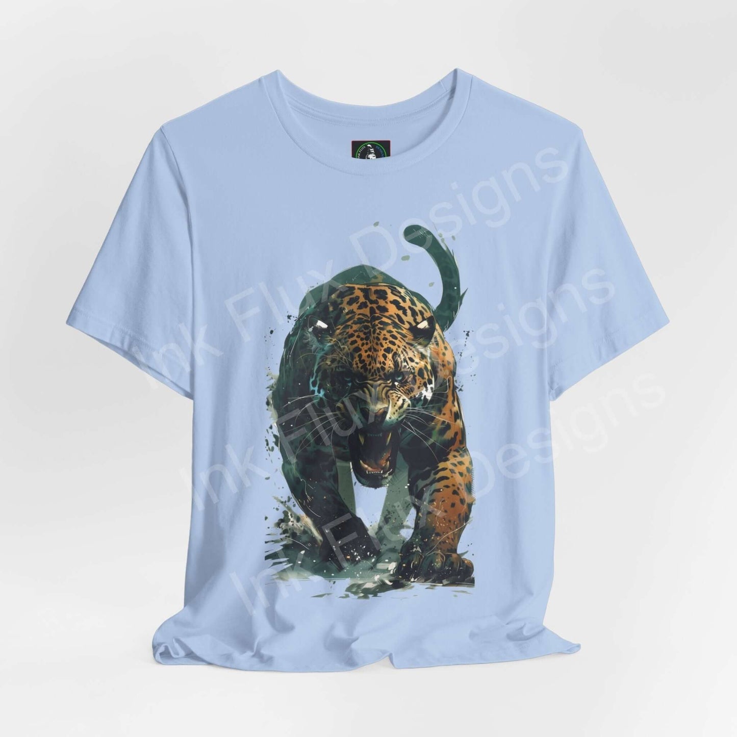 Light blue unisex T-shirt with graphic of an enraged jaguar, ideal for fans of spirit animals and graphic tees.
