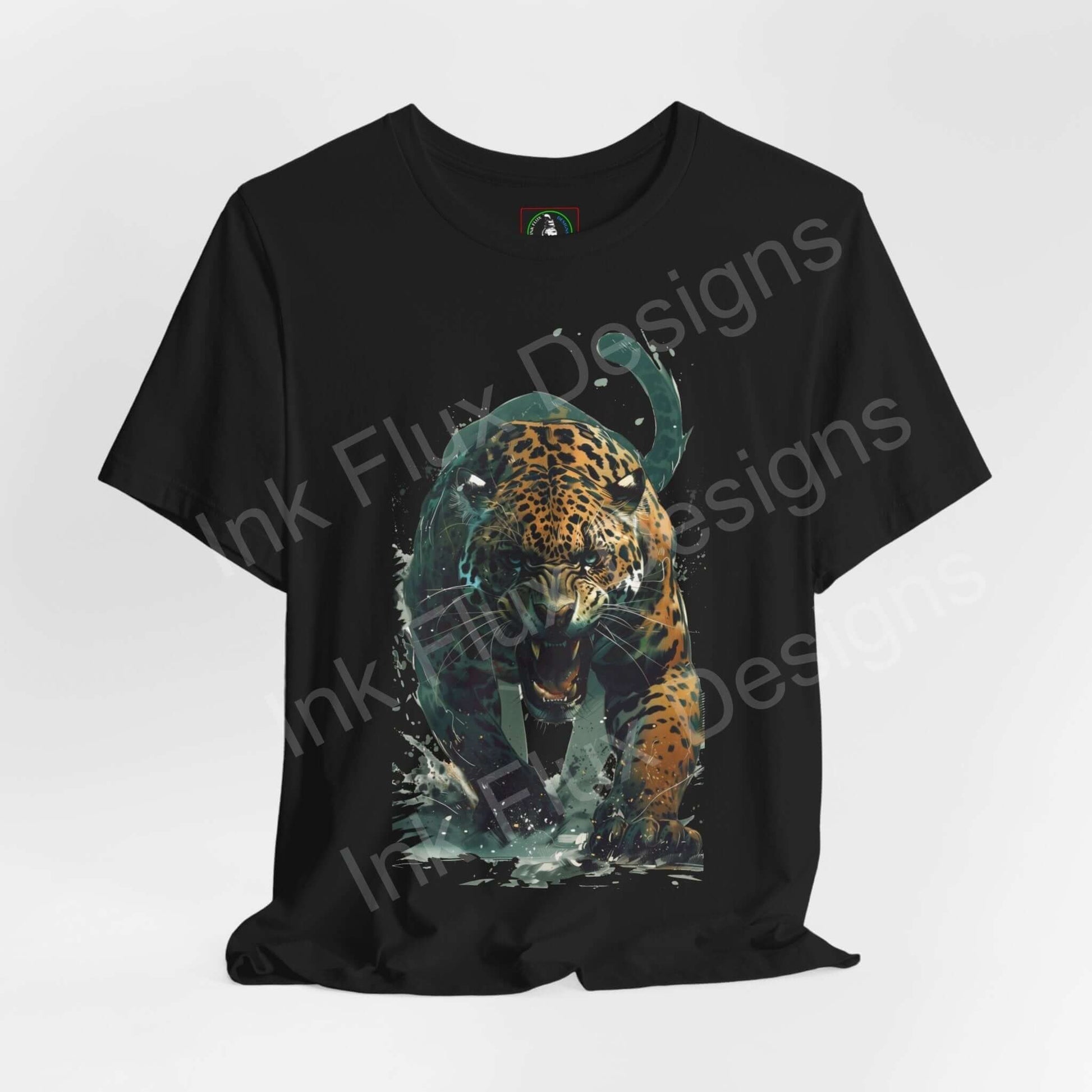 Black unisex T-shirt featuring a graphic of an enraged jaguar, ideal for lovers of spirit animals and graphic tees.
