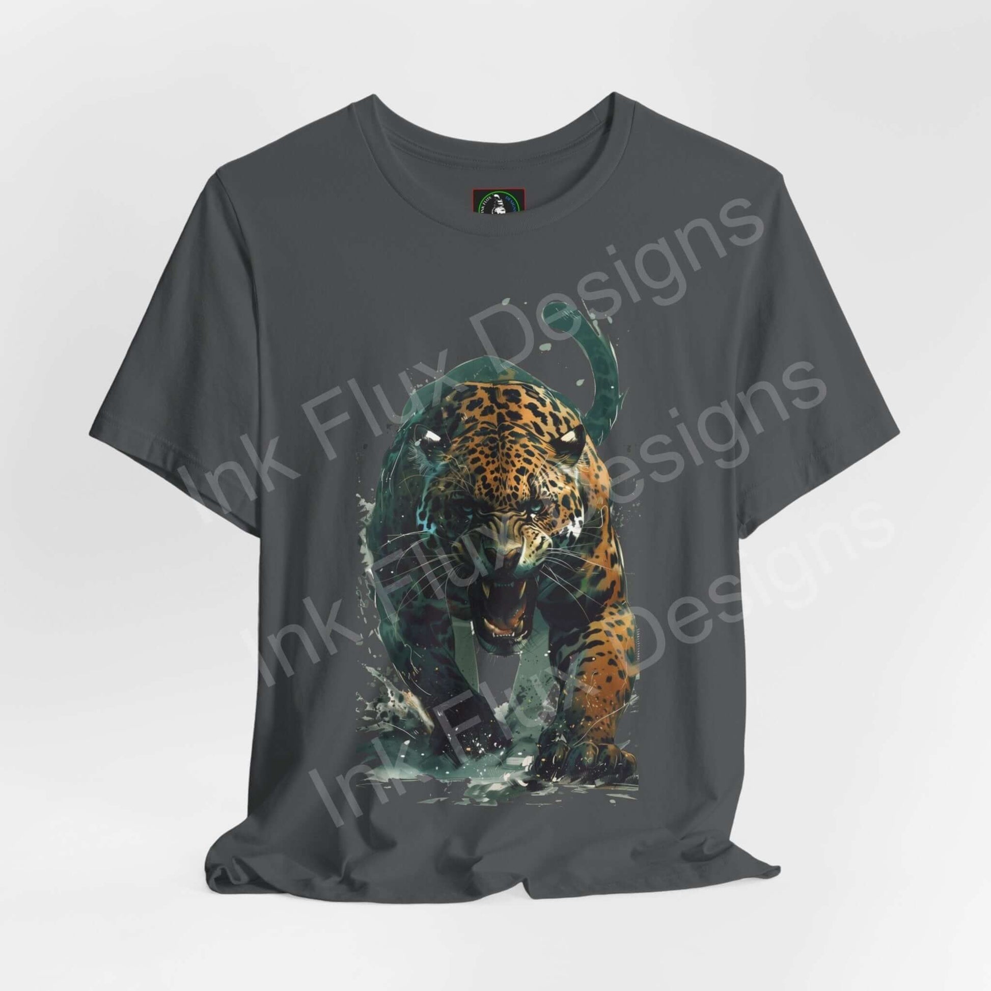 Graphically designed 'Enraged Jaguar' T-shirt featuring a dynamic jaguar print on a comfy unisex grey tee, combining both style and animal spirit motifs.