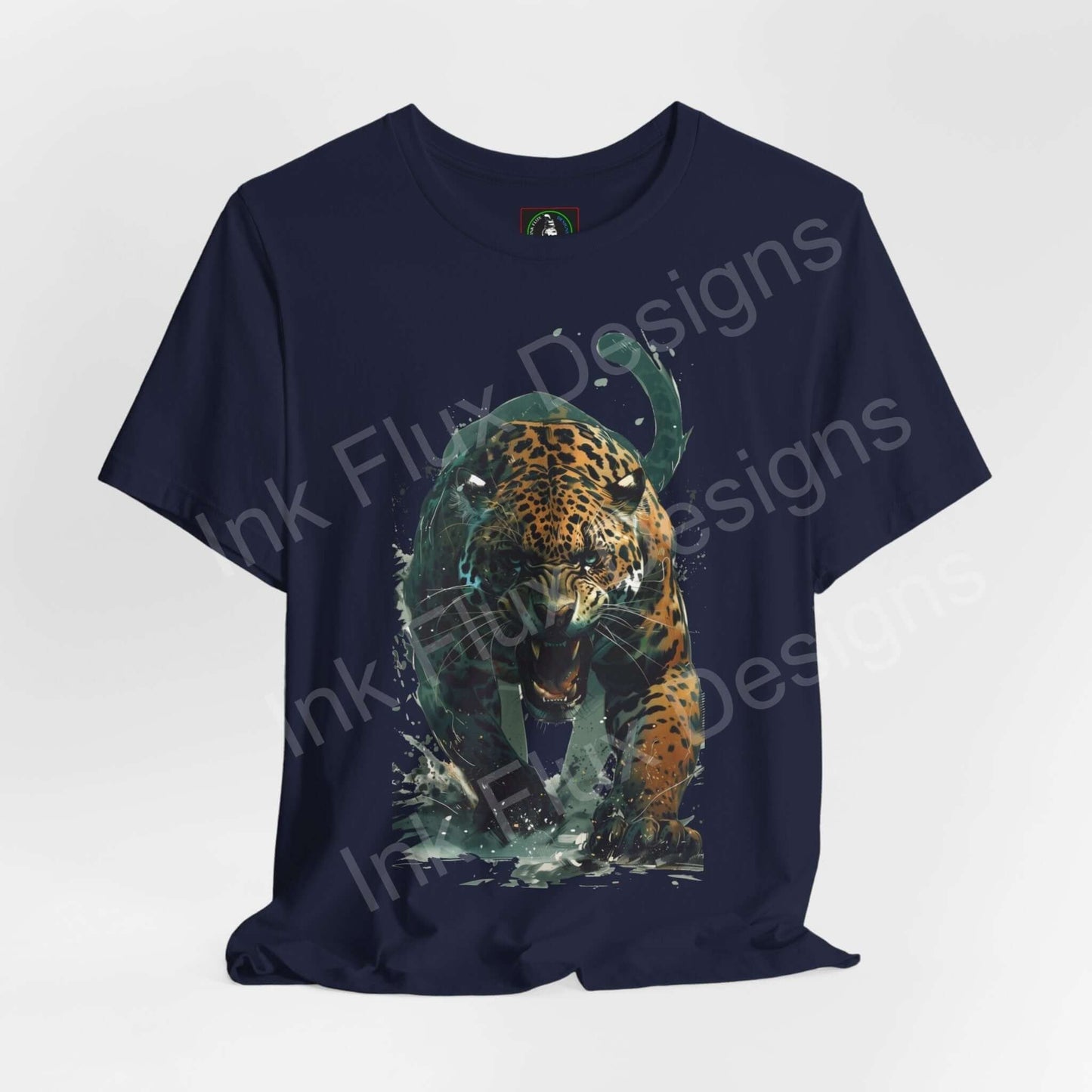 Navy blue unisex T-shirt featuring a graphic of an enraged jaguar, designed for style and comfort, by Bella+Canvas.