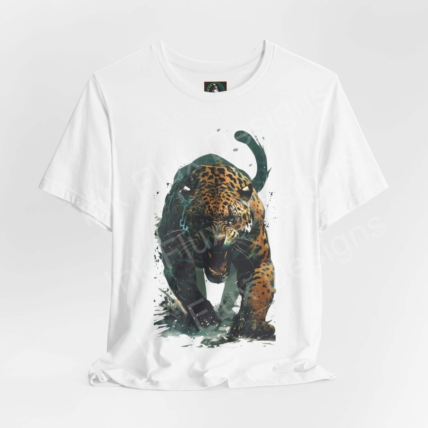 White unisex jersey T-shirt featuring a dynamic graphic of an enraged jaguar, perfect for lovers of spirit animals and graphic tees.