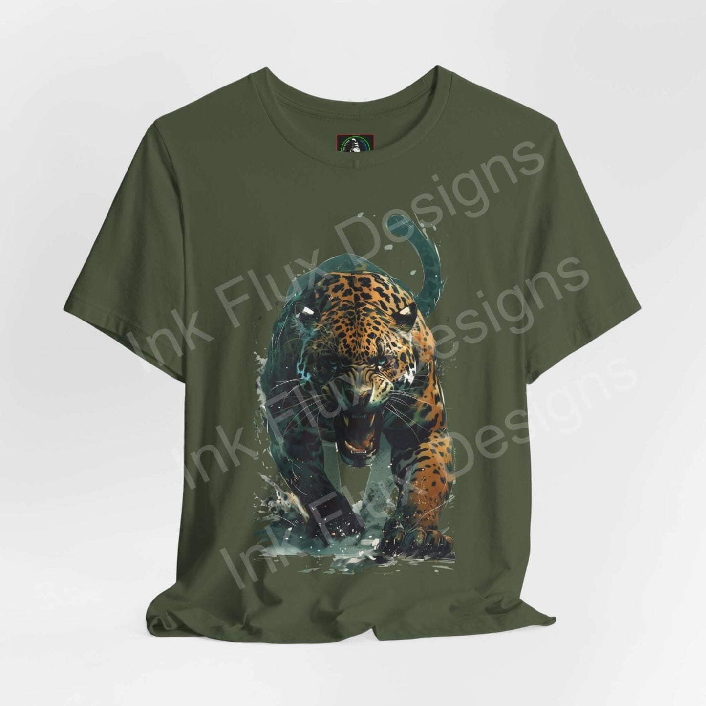 Green "Enraged Jaguar" graphic tee featuring a vivid jaguar design, ideal for lovers of spirit animals and ethically made clothing.