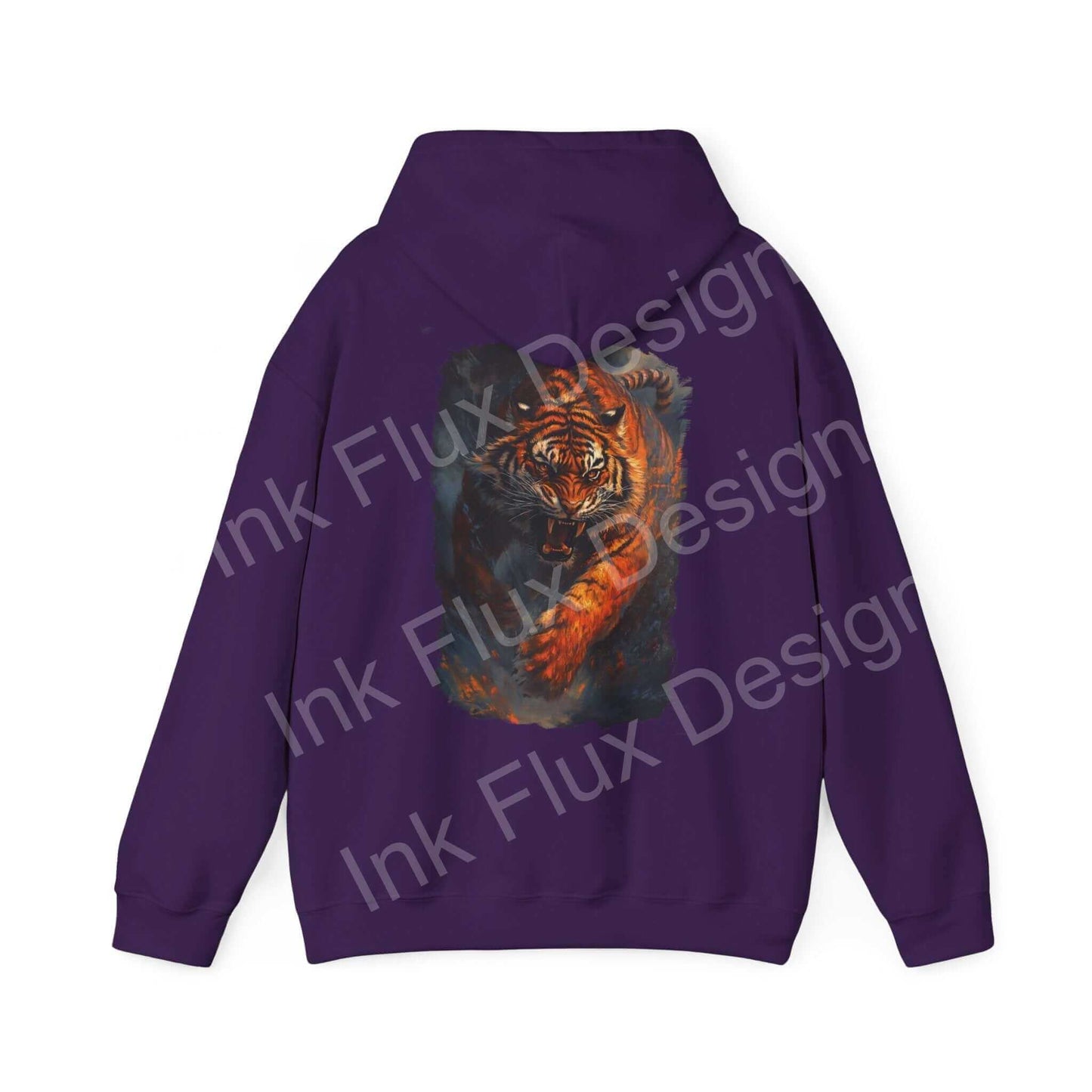 Bold graphic hooded sweatshirt featuring an enraged Siberian tiger design on purple background, ideal for stylish comfort.