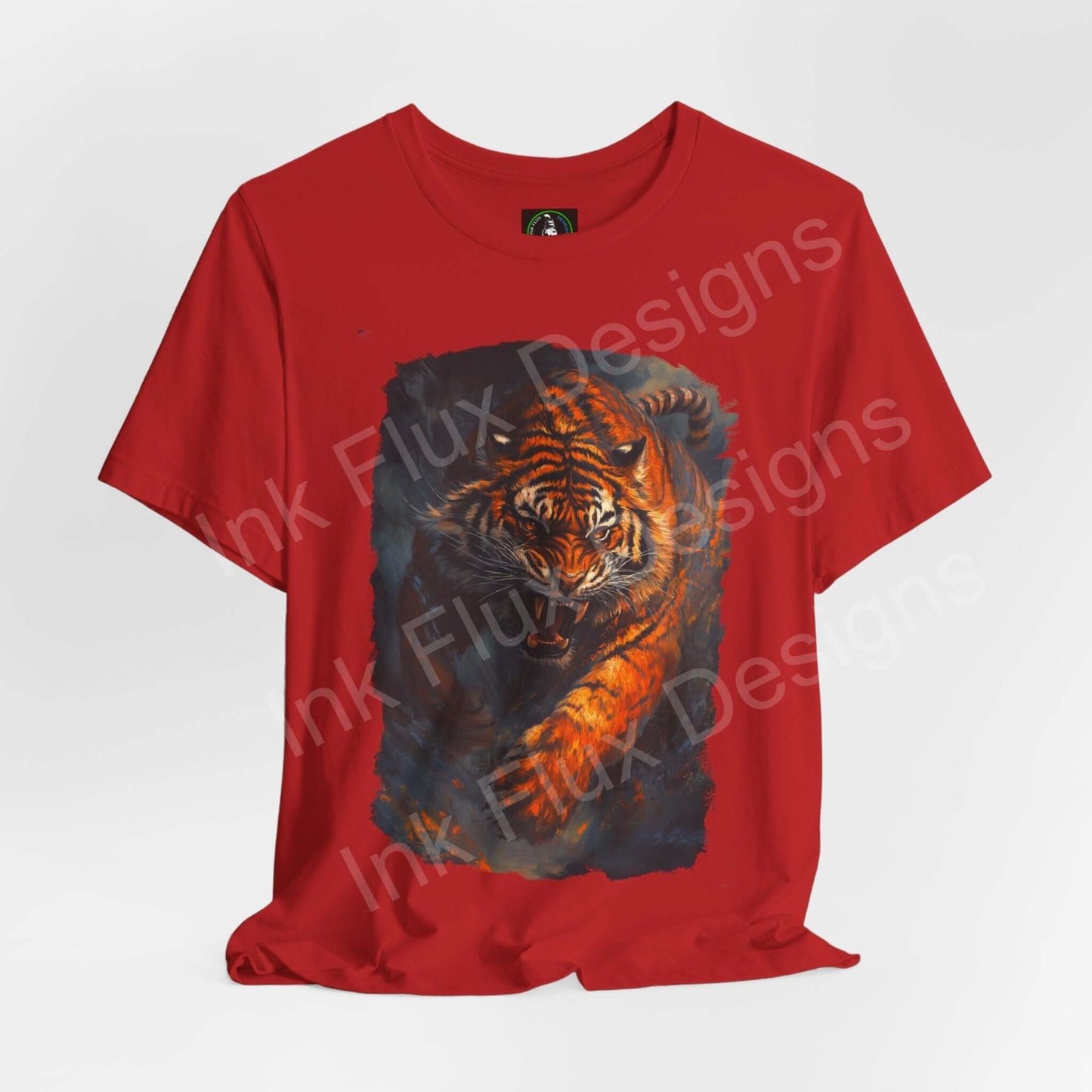 Red unisex T-shirt featuring a graphic of an enraged Siberian tiger, perfect for fans of spirit animal and graphic tees.