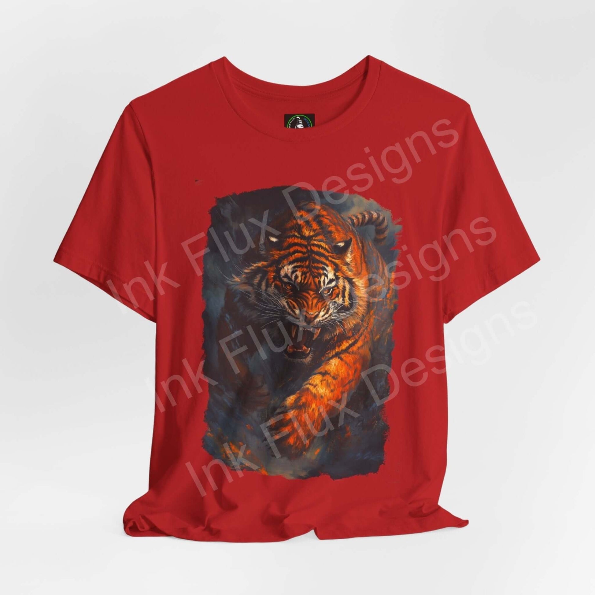 Red unisex T-shirt featuring a graphic of an enraged Siberian tiger, perfect for fans of spirit animal and graphic tees.