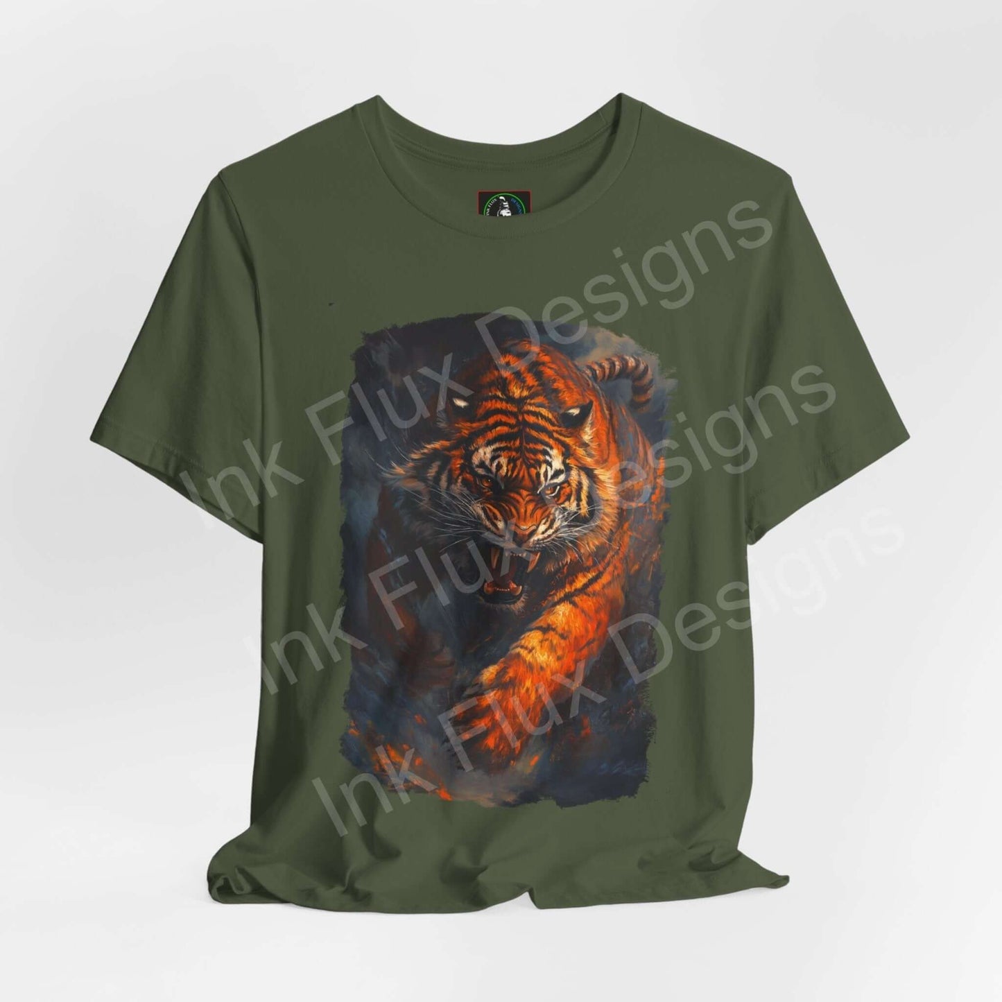 Green unisex T-shirt with a vibrant graphic of an enraged Siberian tiger, perfect for spirit animal and graphic tee enthusiasts.
