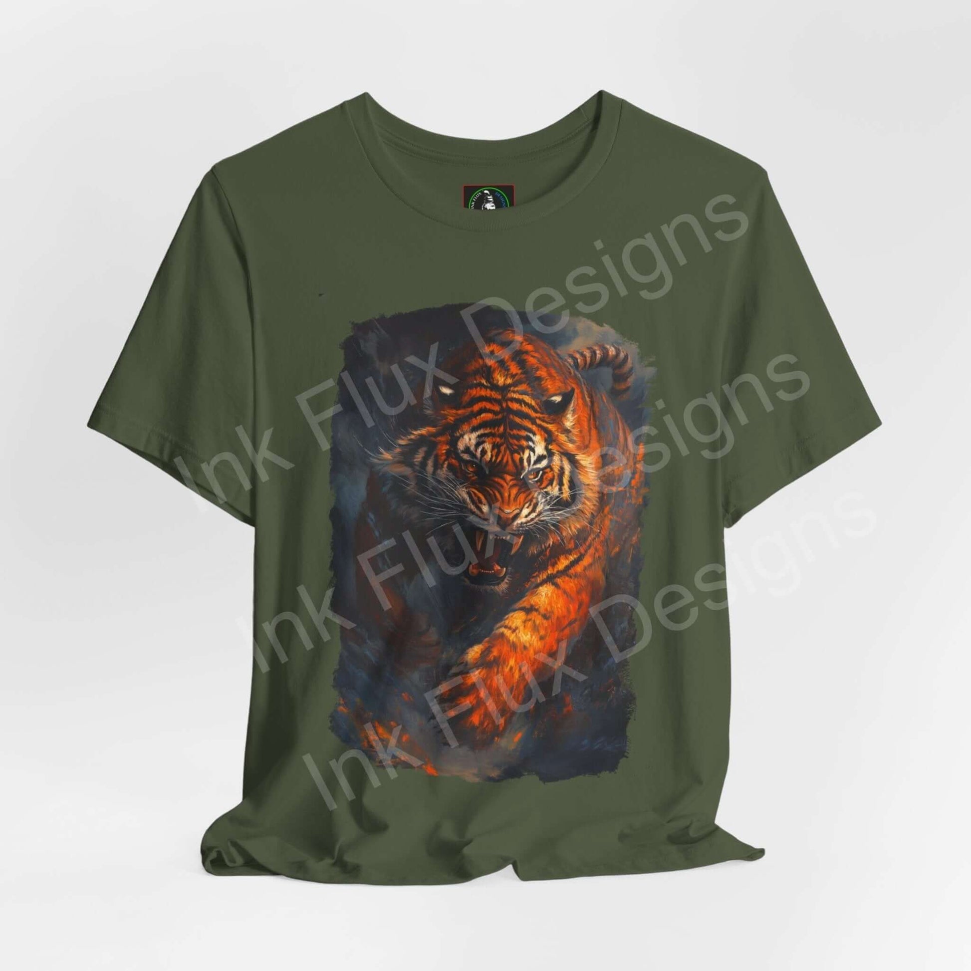 Green unisex T-shirt with a vibrant graphic of an enraged Siberian tiger, perfect for spirit animal and graphic tee enthusiasts.