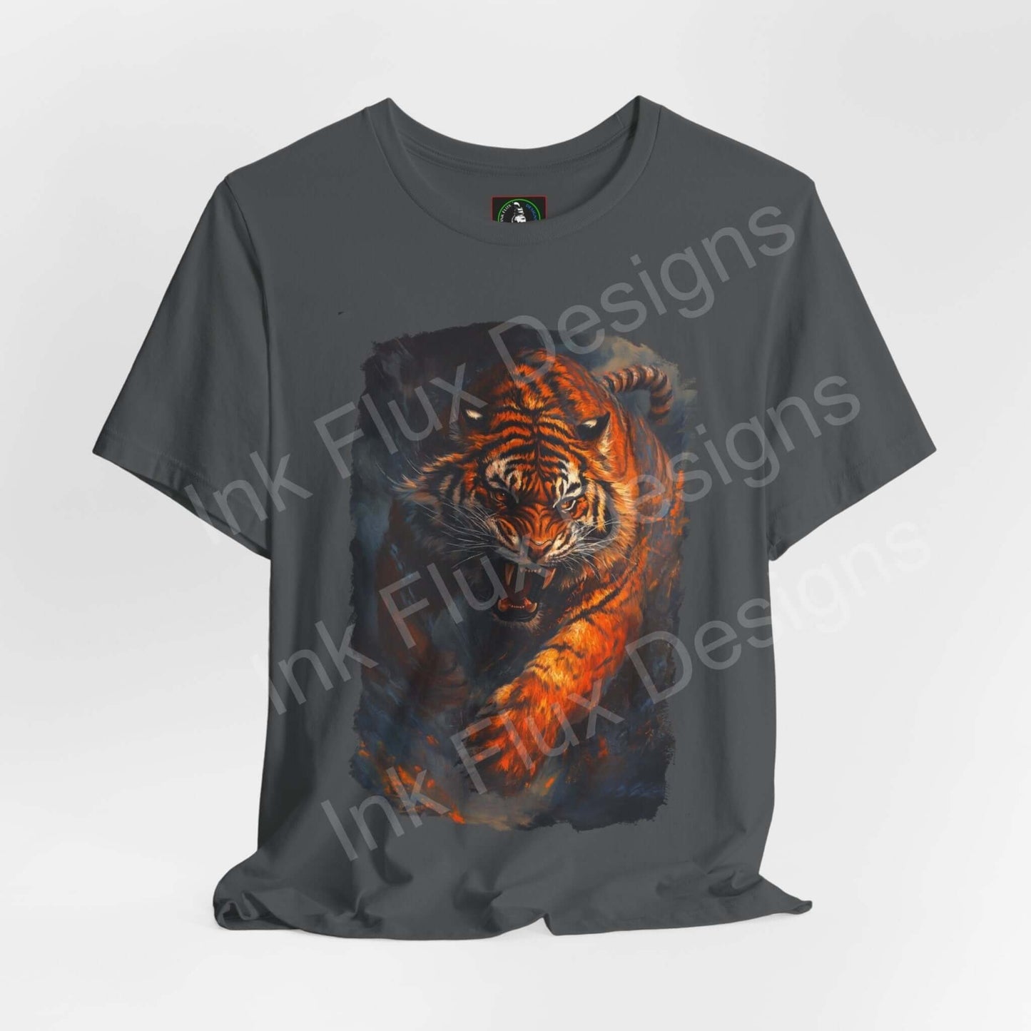 Unisex charcoal gray T-shirt featuring an enraged Siberian tiger graphic, ideal for lovers of spirit animals and graphic tees.