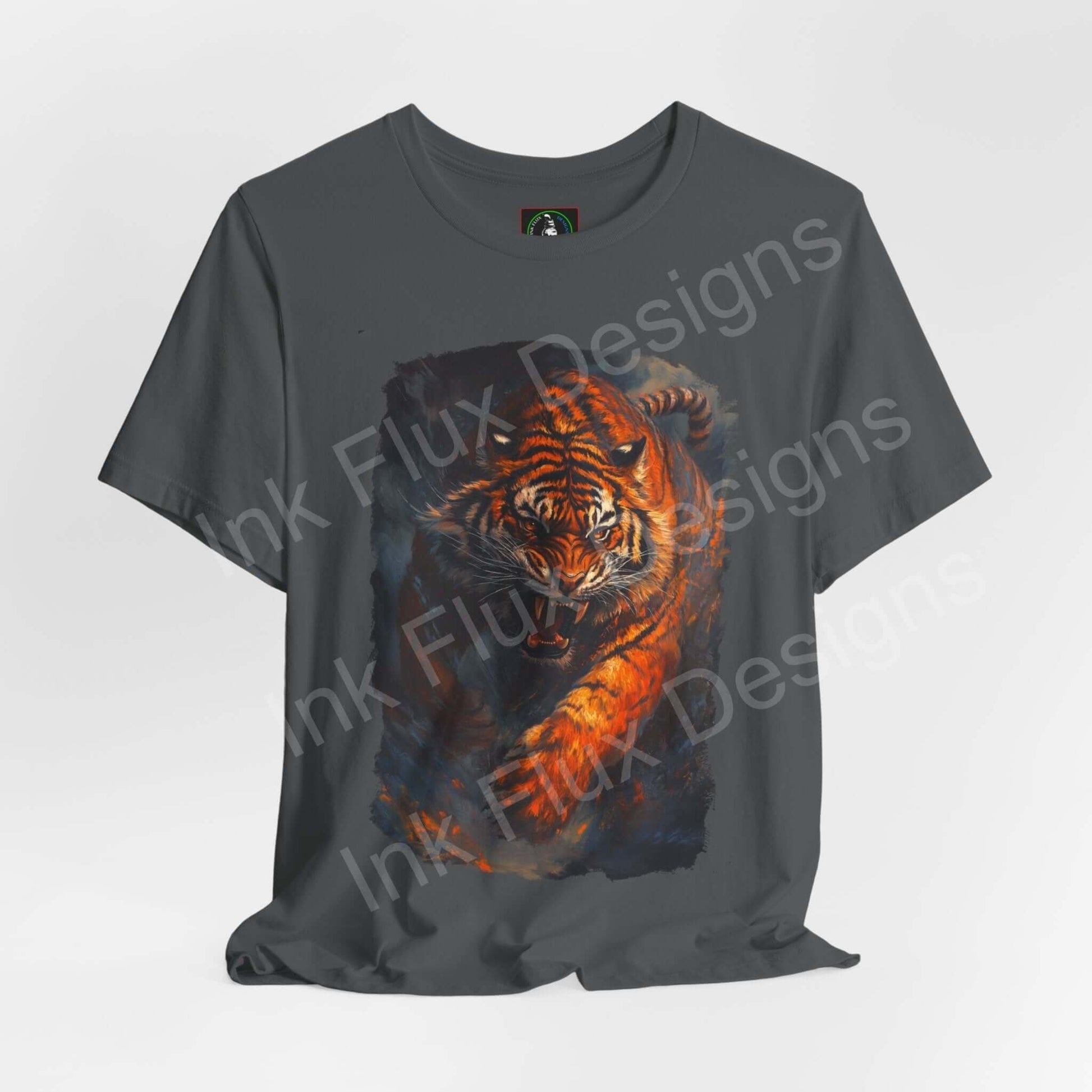 Unisex charcoal gray T-shirt featuring an enraged Siberian tiger graphic, ideal for lovers of spirit animals and graphic tees.