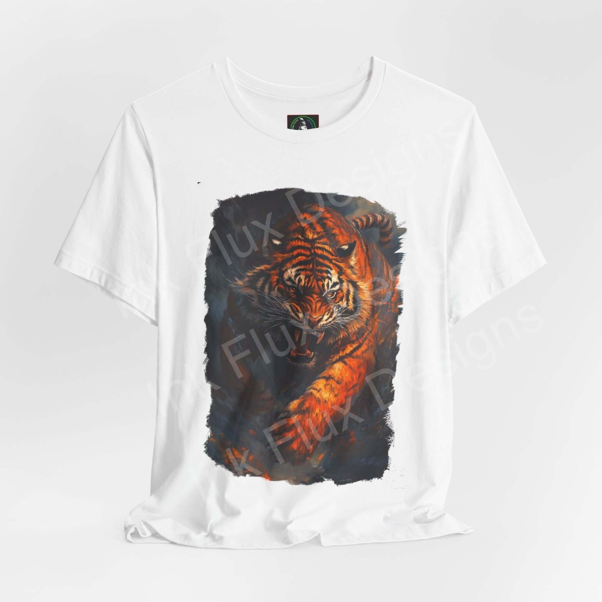 Unisex white graphic tee featuring an enraged Siberian tiger design, ideal for lovers of spirit animals and ethically made fashion.