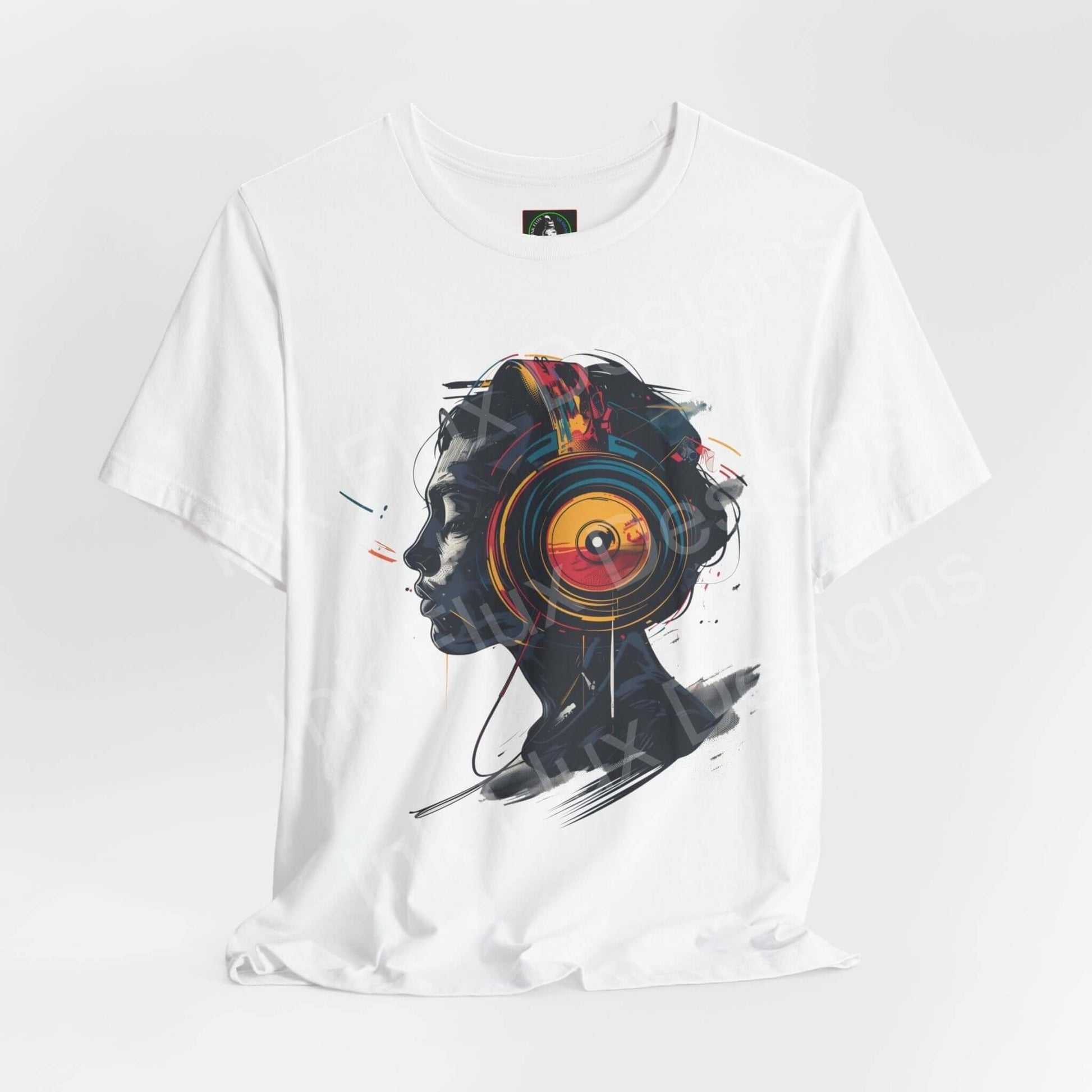 Unisex white graphic tee featuring a bold, artistic print of headphones merged with abstract elements, ideal for music lovers.