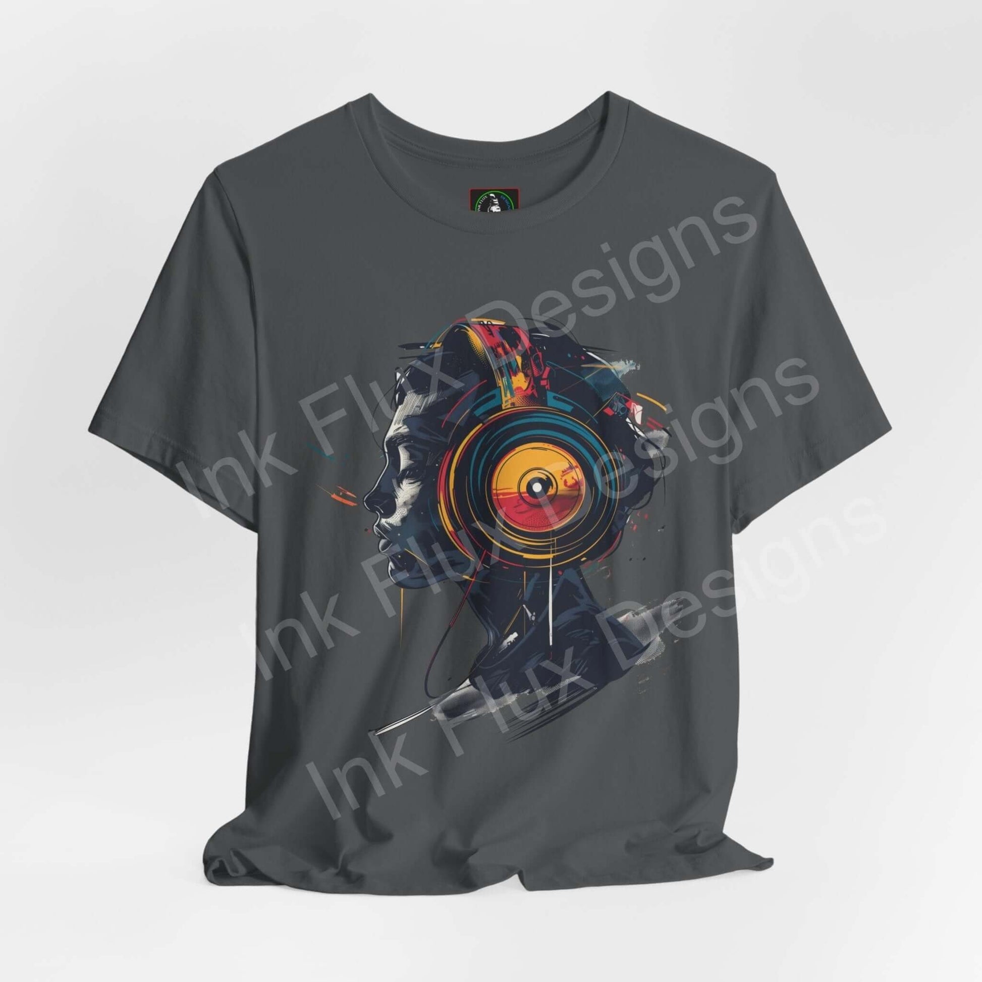 Charcoal grey unisex jersey T-shirt featuring a bold, colorful graphic design on the front, perfect for casual wear