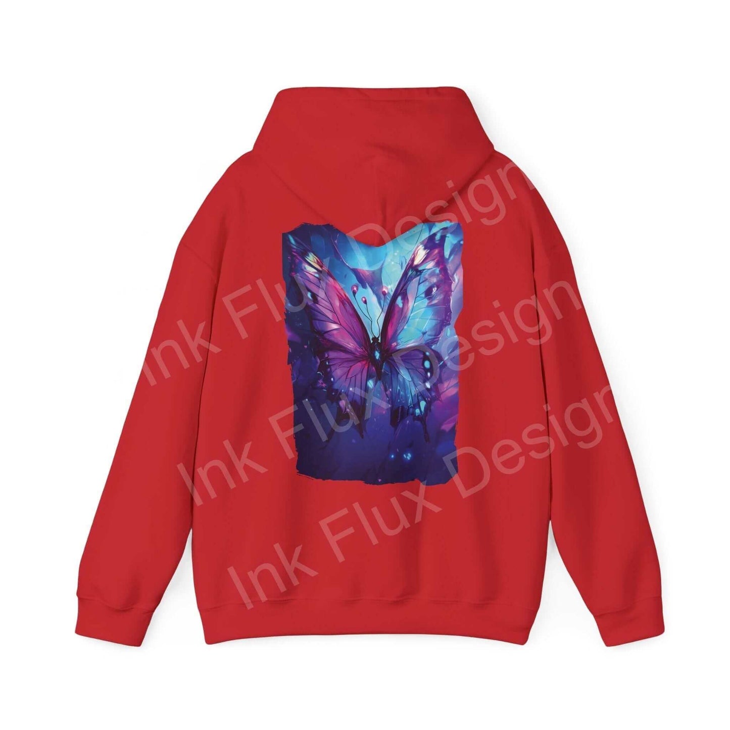 Red unisex hoodie featuring a bold butterfly design in vibrant blues and purples on the back, ideal for graphic hoodies enthusiasts.