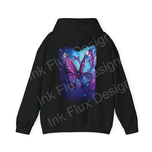 Unisex black hooded sweatshirt featuring a vibrant, ethereal butterfly design on the back, ideal for graphic hoodie enthusiasts.
