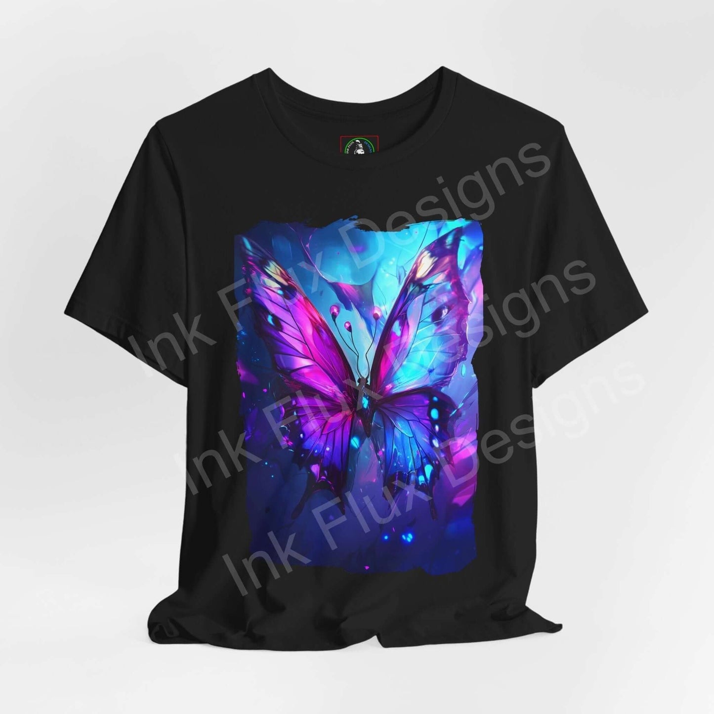 Ethereal Butterfly graphic tee featuring vibrant blue and purple butterfly design on black unisex T-shirt from Bella+Canvas, emphasizing style and sustainability.