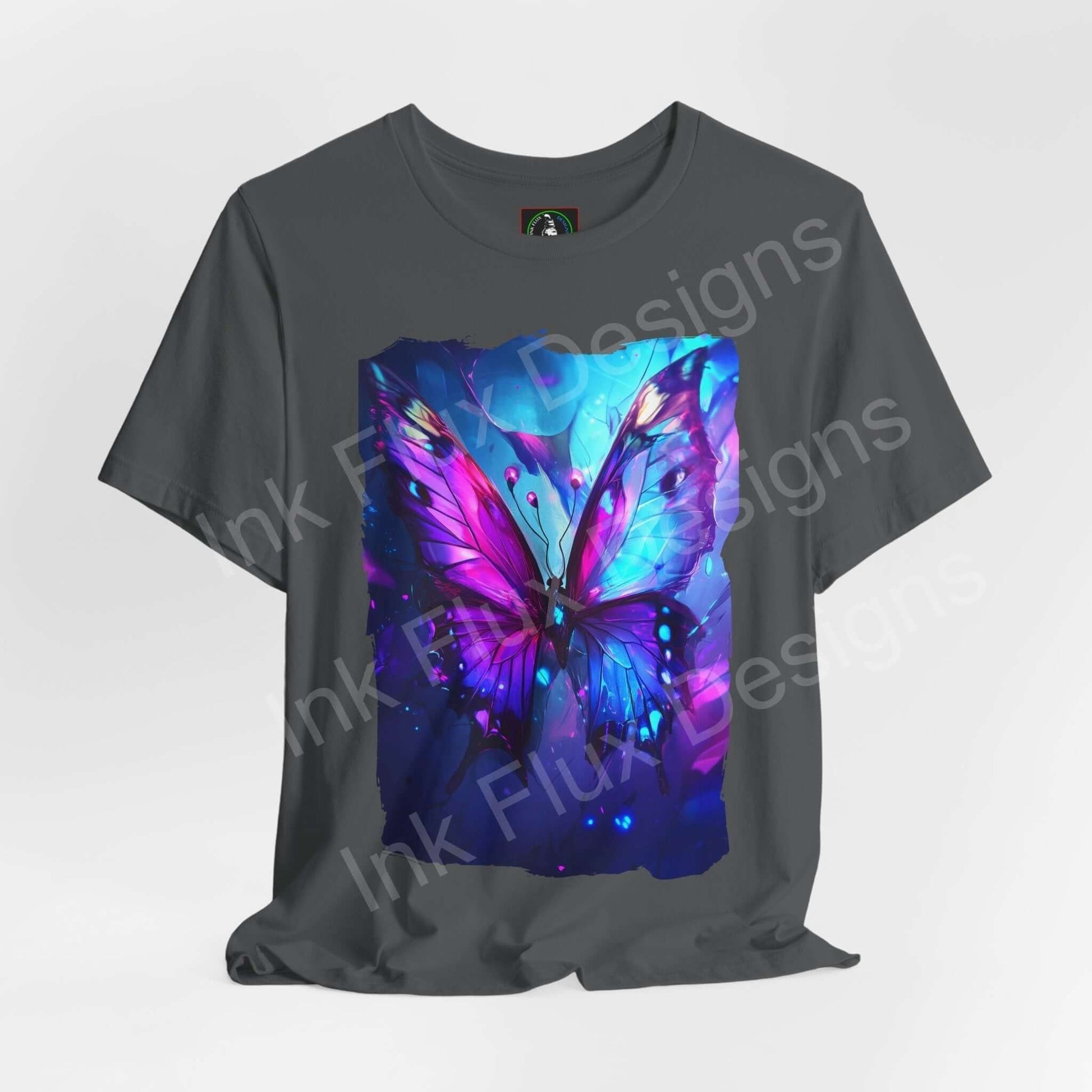 Ethereal Butterfly graphic tee featuring a vibrant blue and purple butterfly design on a gray unisex T-shirt, perfect for spirit animal enthusiasts.