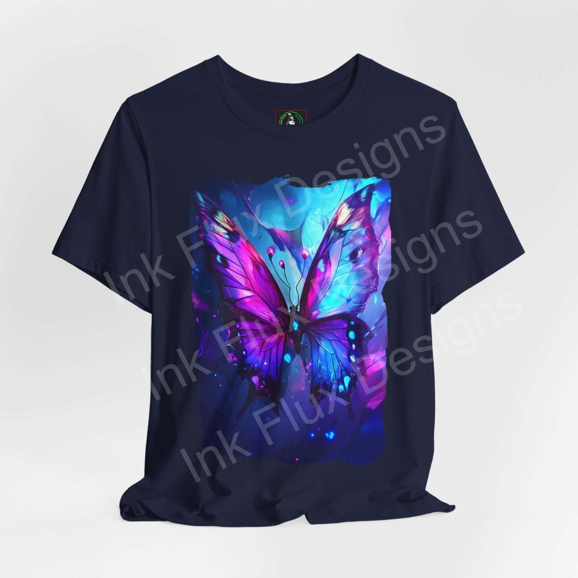Navy unisex T-shirt featuring a vibrant, graphic butterfly design in shades of blue and purple, perfect for fans of spirit animals and graphic tees.
