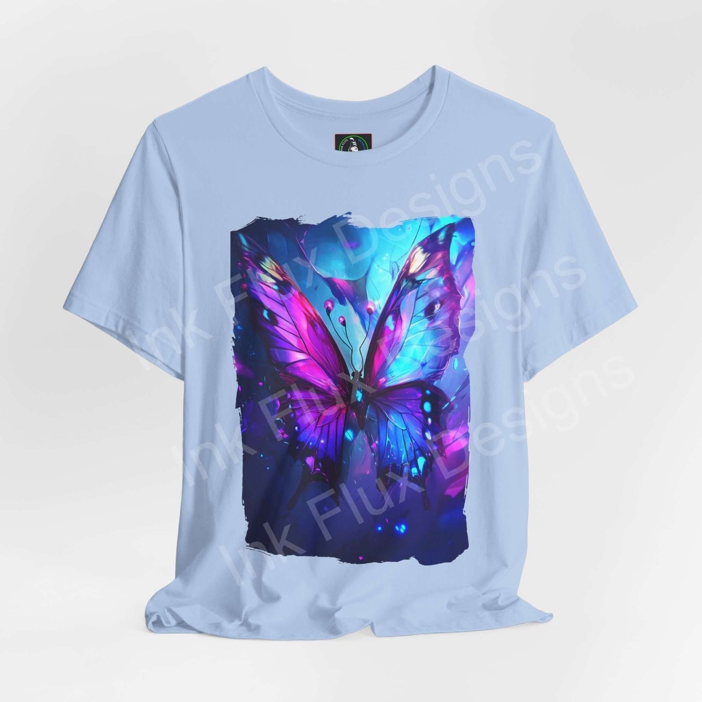Ethereal Butterfly graphic tee featuring vibrant purple and blue butterfly design on a light blue unisex T-shirt, perfect for spirit animal enthusiasts.