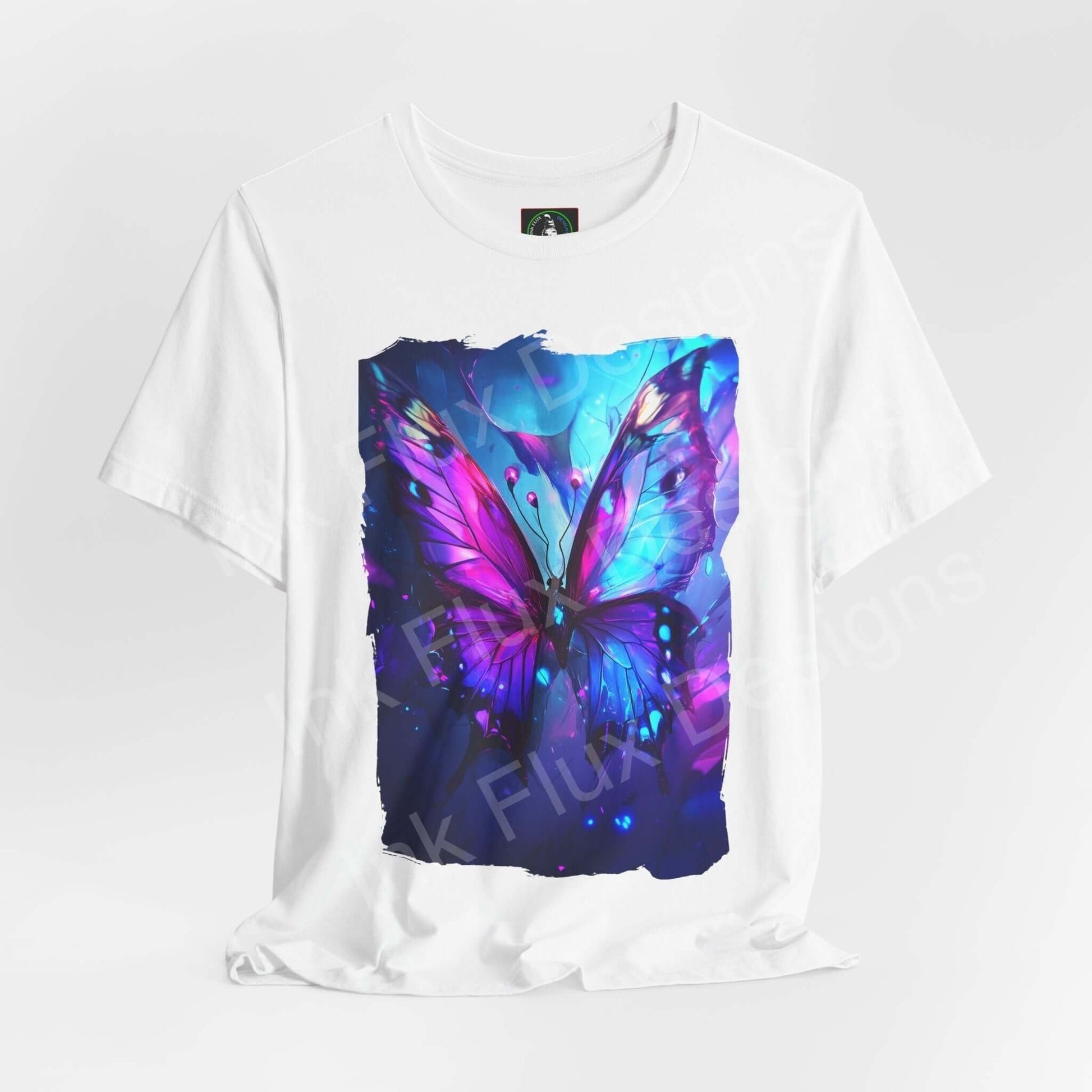 Unisex white T-shirt featuring vibrant Ethereal Butterfly graphic, designed for style and comfort, perfect for spirit animal enthusiasts.
