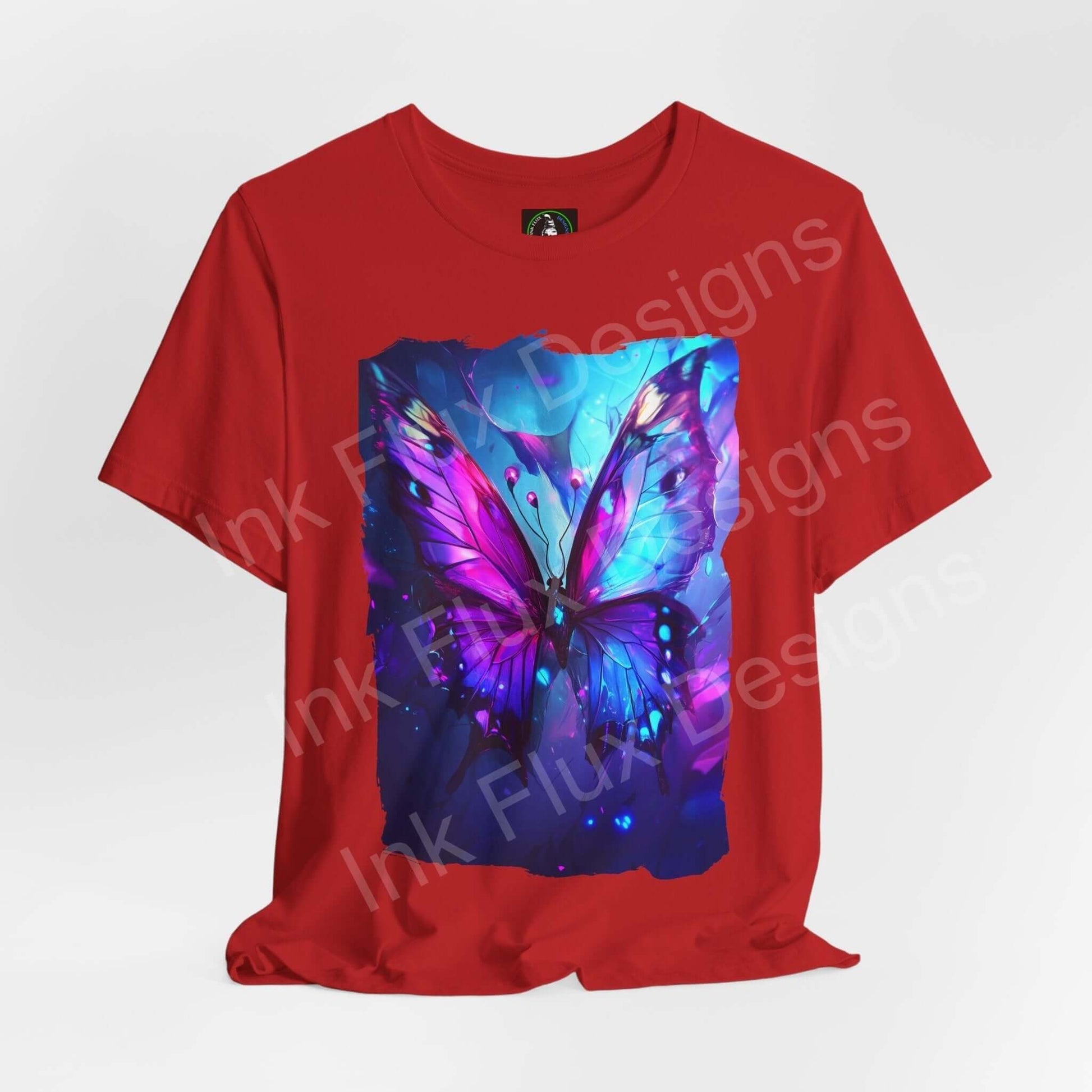 Red unisex T-shirt featuring a vibrant, ethereal butterfly graphic, ideal for those interested in spirit animals and stylish graphic tees.