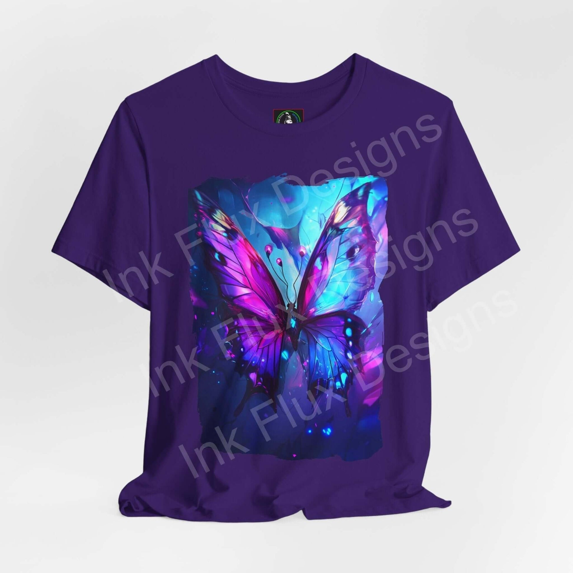 Ethereal Butterfly graphic tee in purple featuring a vibrant, oversized butterfly print, perfect for lovers of spirit animals and stylish, comfortable shirts.