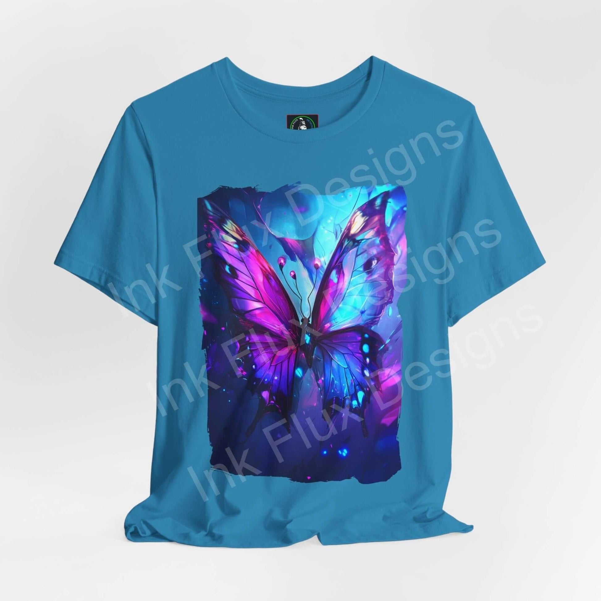Ethereal Butterfly graphic tee in blue featuring a vibrant, artistic butterfly print, ideal for spirit animal and animal-themed shirt enthusiasts.