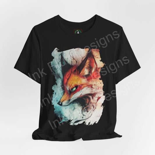 Ethereal Fox graphic tee featuring a vibrant, artistic fox design on a black T-shirt, showcasing style and spirit animal motif.