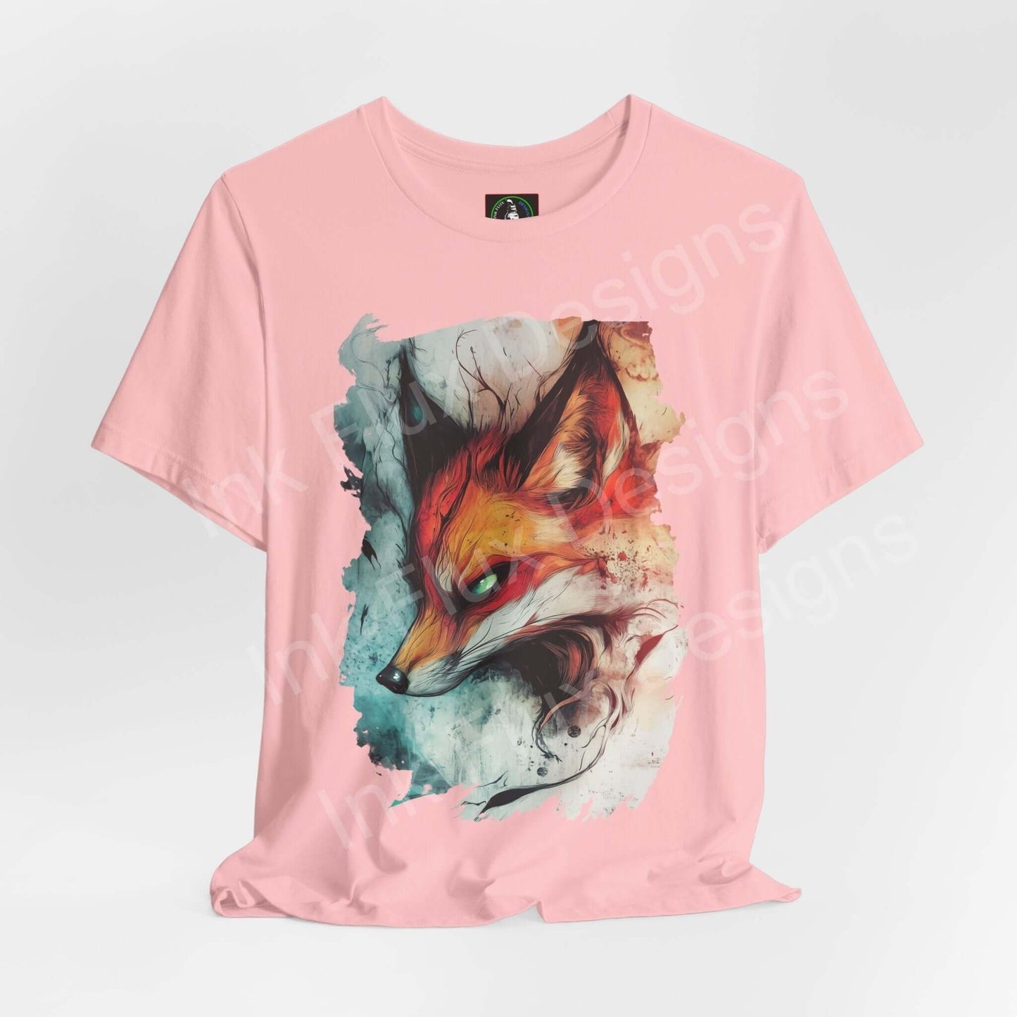 Ethereal Fox graphic tee in pink, featuring an artistic fox design in vibrant colors, perfect for spirit animal themed casual wear.