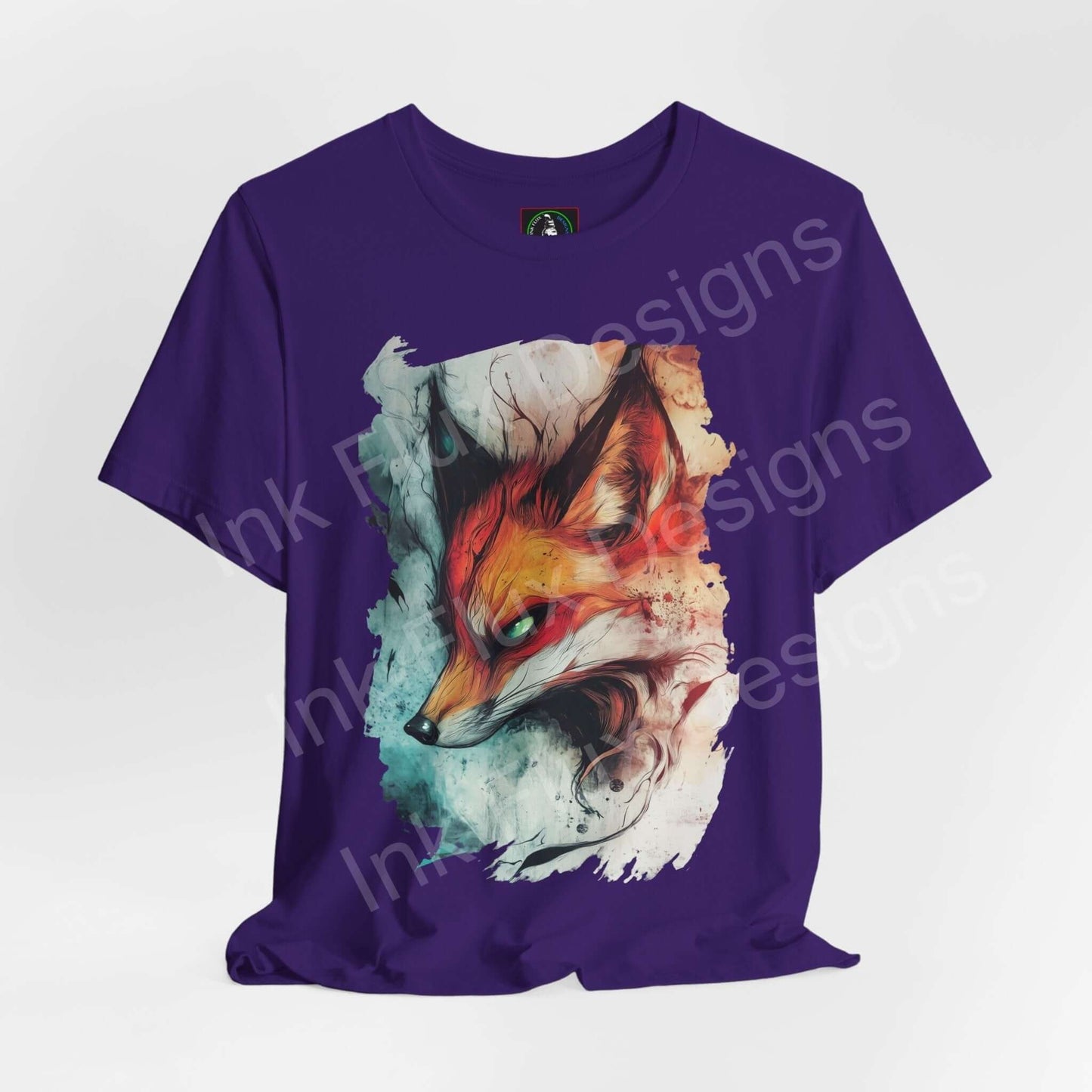 Ethereal Fox graphic tee with vibrant fox design on purple unisex jersey T-shirt, showcasing spirit animal art for style and comfort.