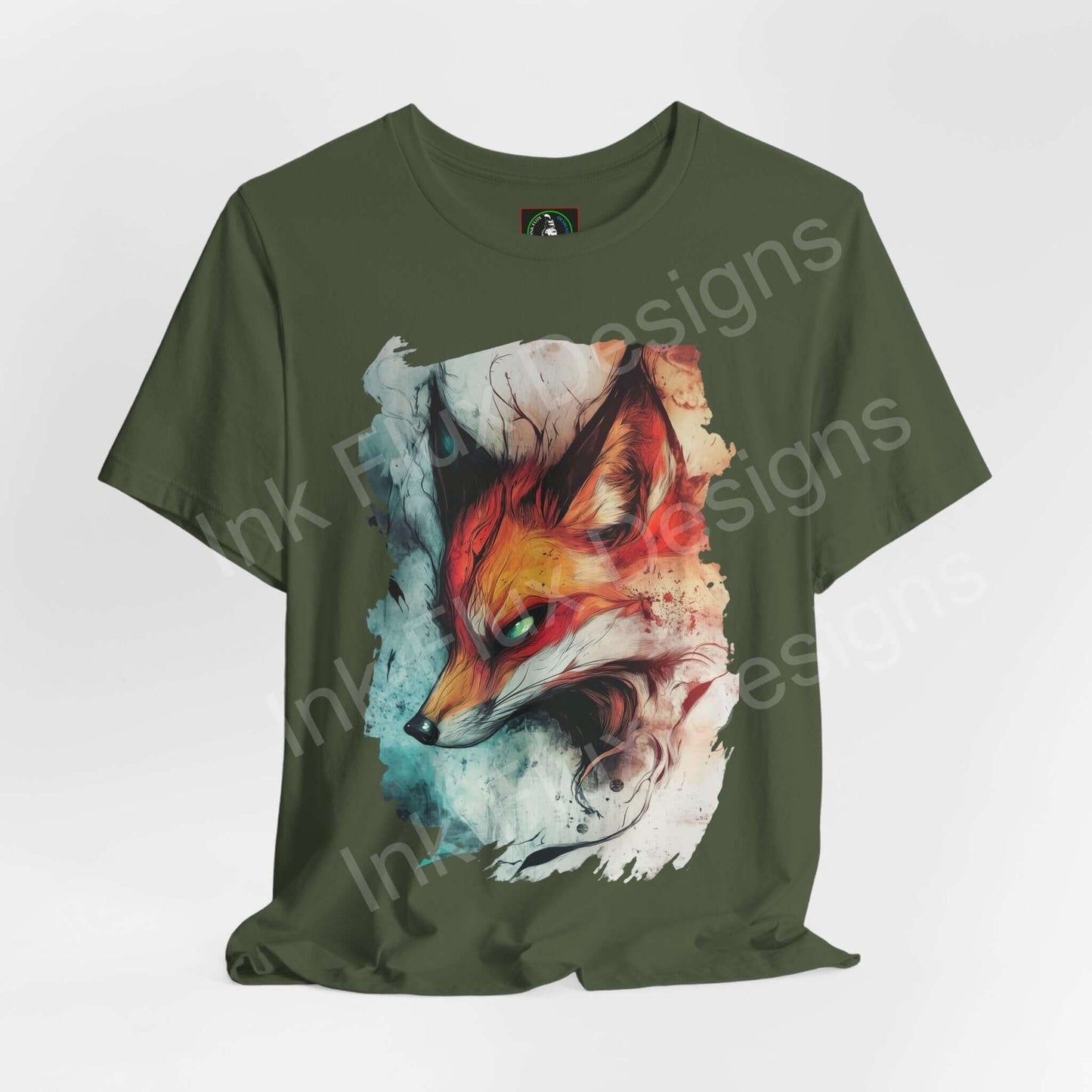 Ethereal Fox graphic tee in green, featuring a vibrant, artistic fox design, perfect for lovers of spirit animals and stylish T-shirts.