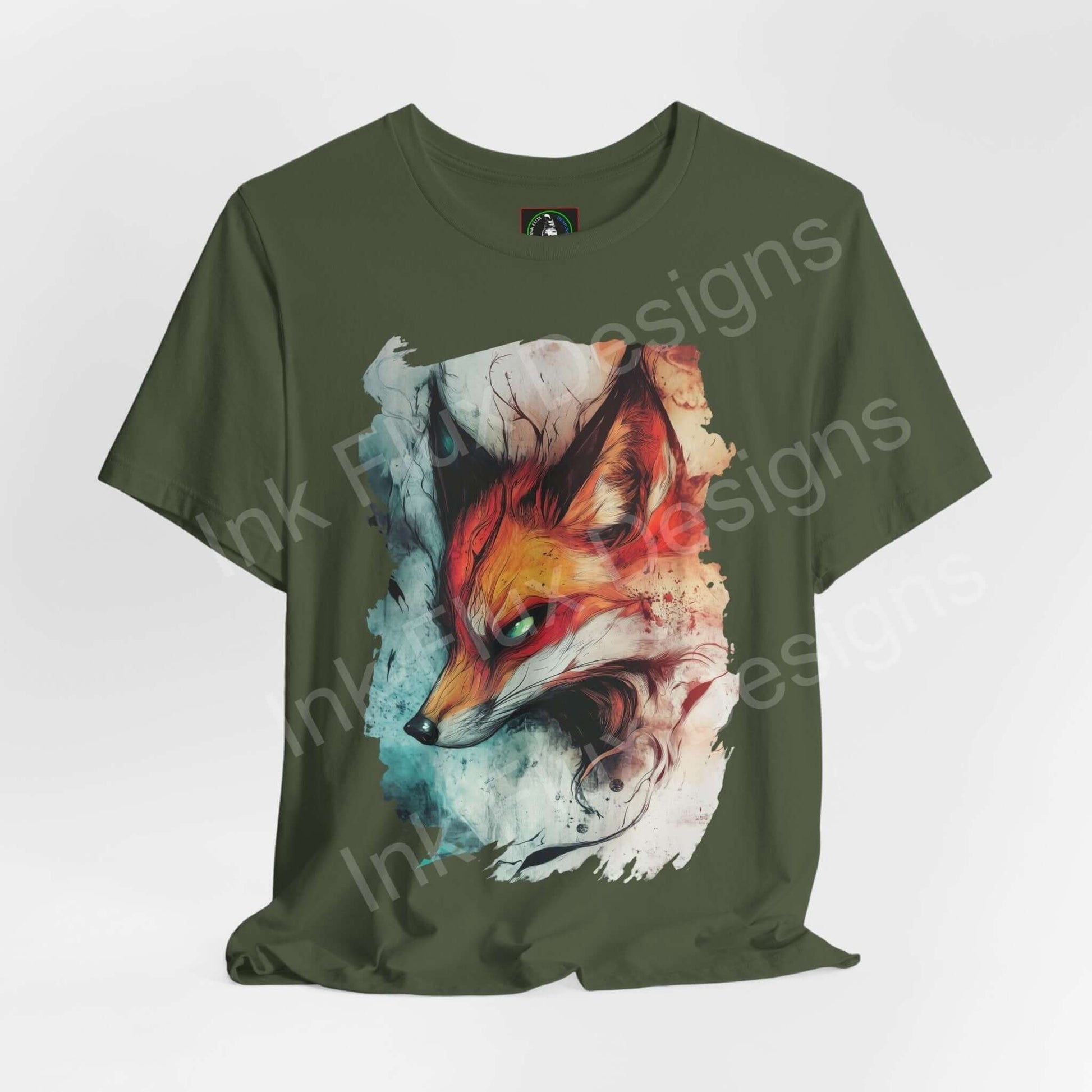 Ethereal Fox graphic tee in green, featuring a vibrant, artistic fox design, perfect for lovers of spirit animals and stylish T-shirts.