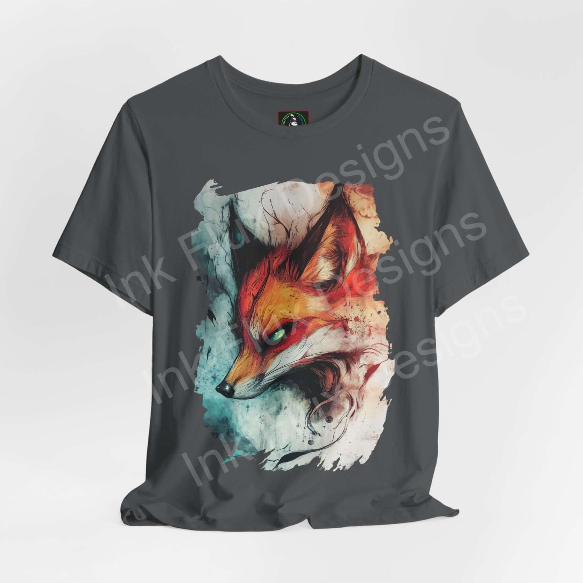 Ethereal Fox graphic tee featuring a vibrant, artistic fox design on a dark gray shirt, emphasizing spirit animals and stylish comfort.