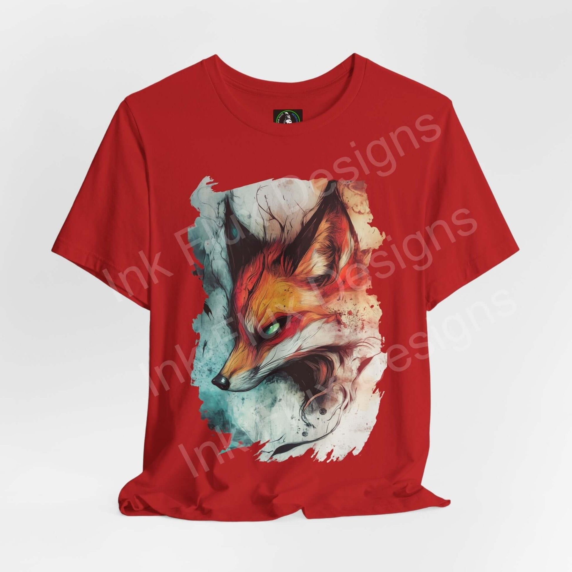 Red unisex T-shirt featuring a vibrant graphic of a fox amidst abstract splashes, combining style and comfort, perfect for spirit animal enthusiasts.